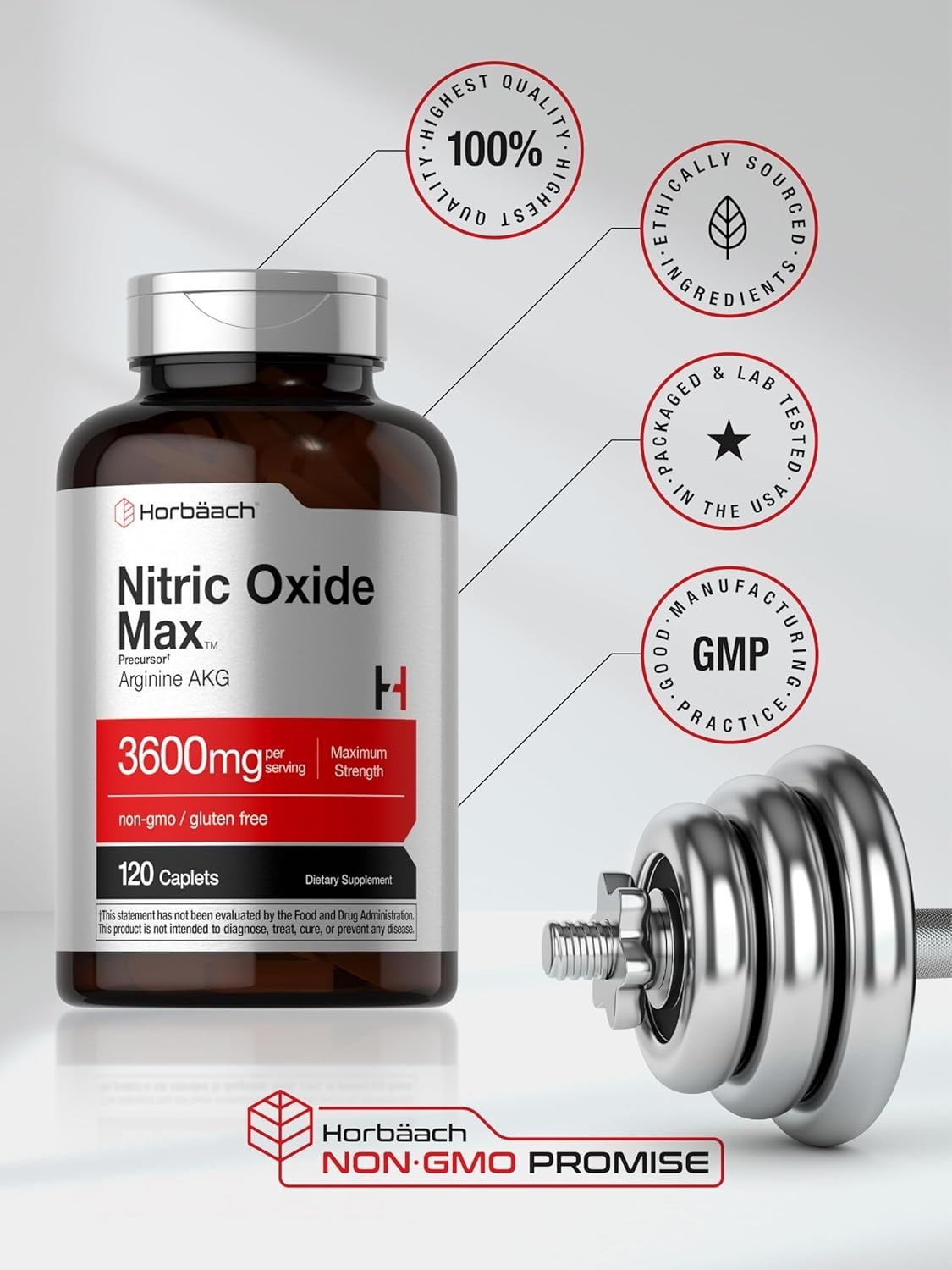 Horbäach Nitric Oxide Max 3600mg | 120 Caplets | with Arginine AAKG for Men…