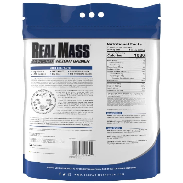 Gaspari Nutrition Real Mass Advanced Weight Gainer Chocolate Milkshake 12 lbs