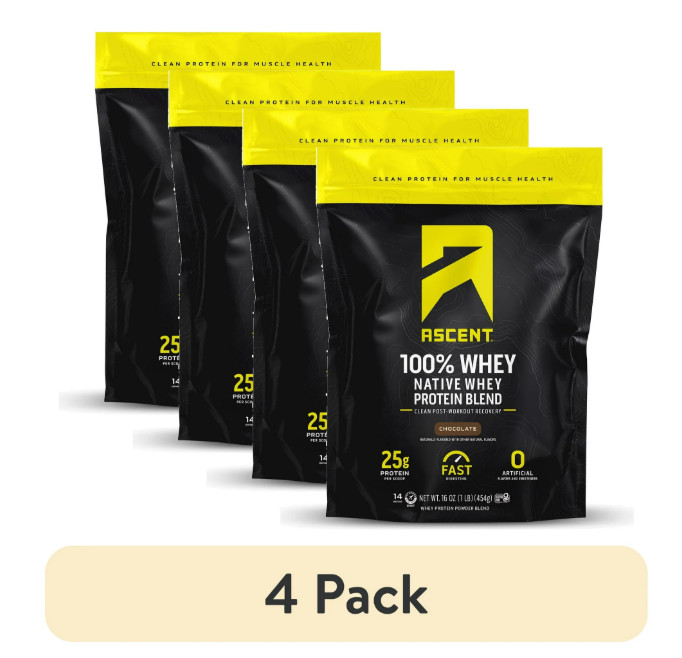 (4 Pack) Ascent Native Whey Protein Powder, Chocolate, 1 lb