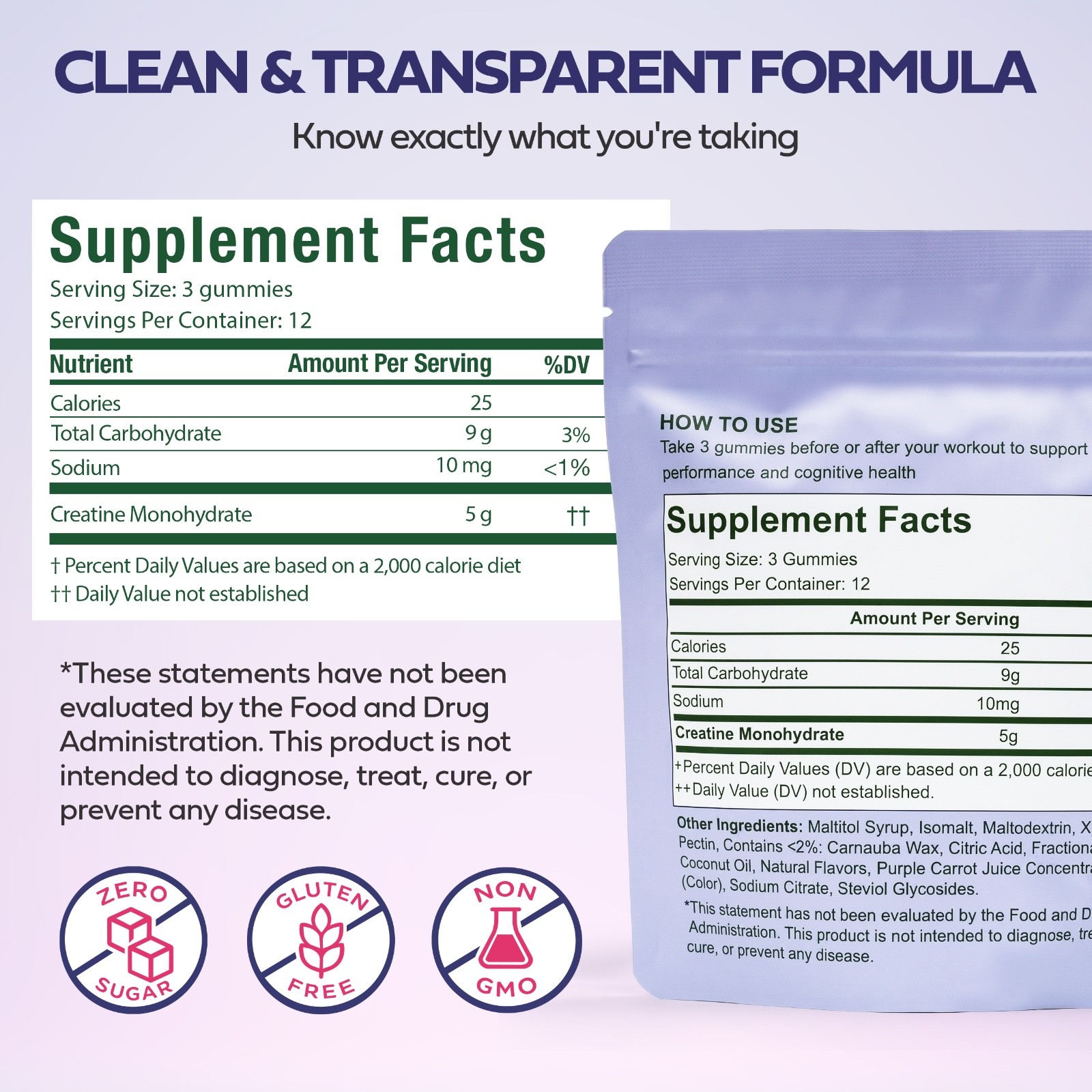 FITAVID Creatine Monohydrate Gummies 5g Per Serving 36 Count Mixed Berry