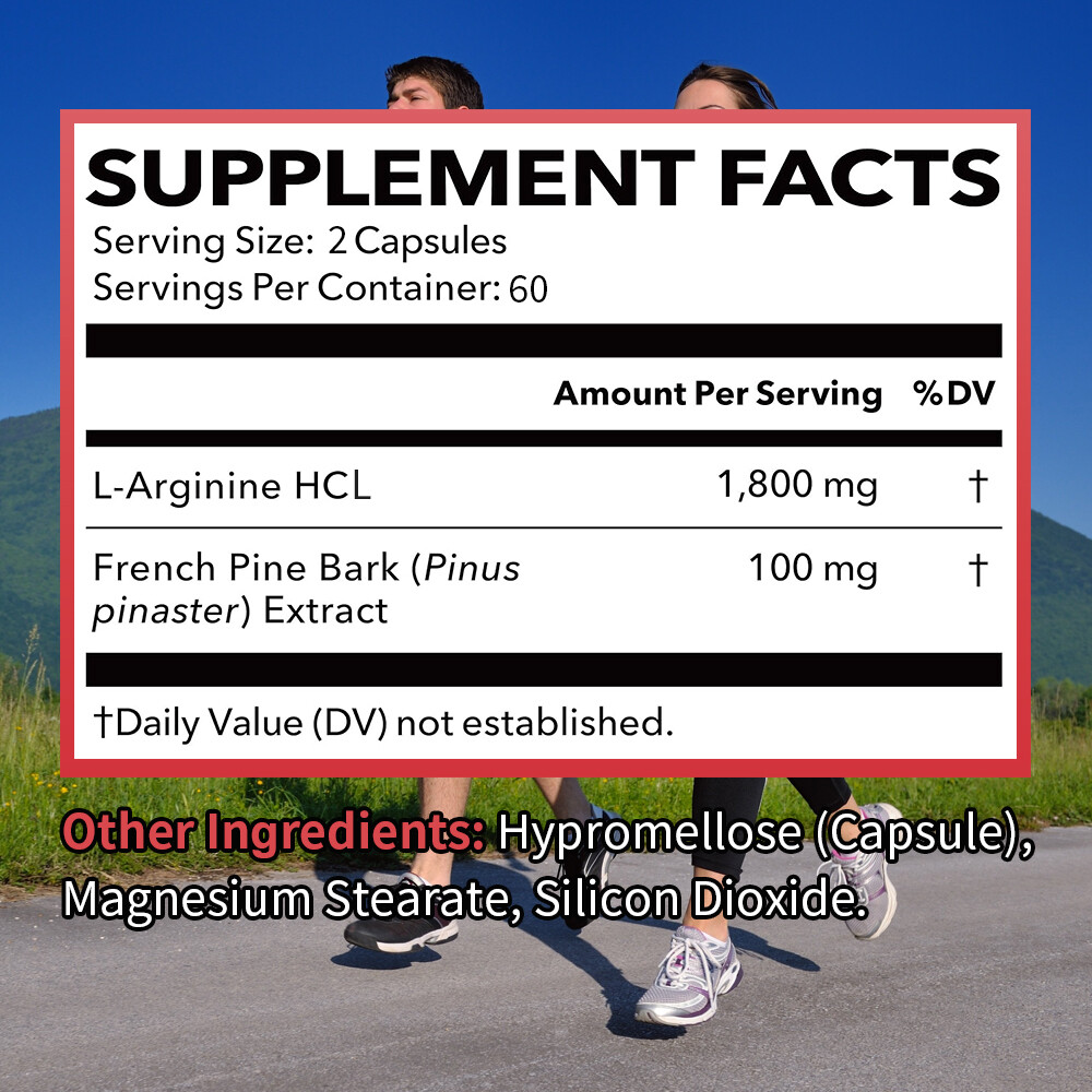 L-Arginine 1800mg Nitric Oxide, French Pine Bark, Supports Muscle Heart Health