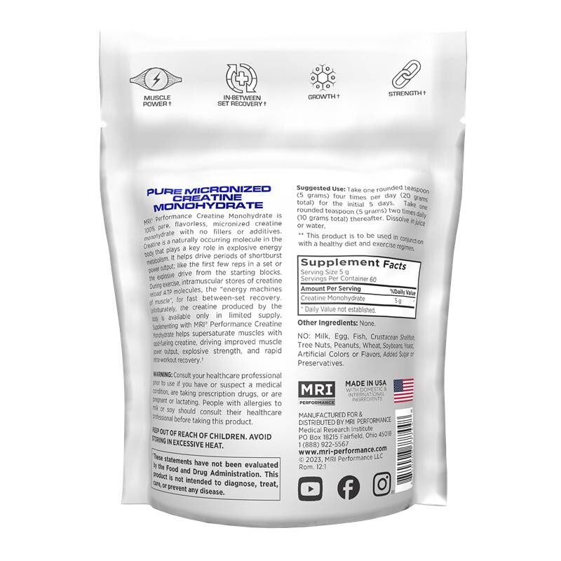 MRI Performance Creatine Monohydrate Powder 300g-Pure Micronized Creatine-60serv