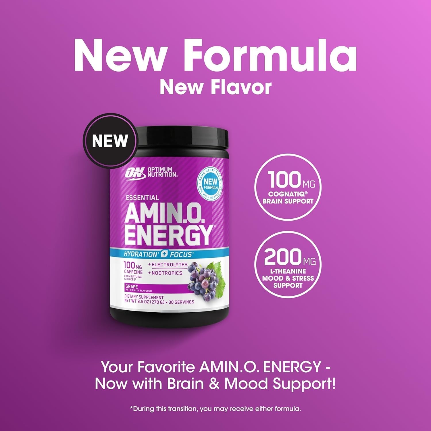 Optimum Nutrition Amino Energy Powder Plus Focus, with BCAA, Electrolytes