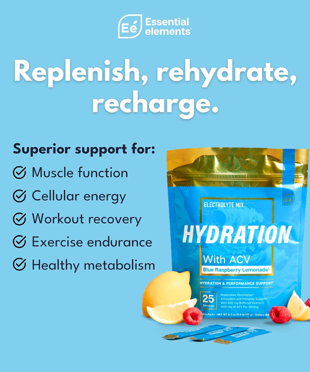 Essential Elements Hydration W/ ACV Blue Raspberry Lemonade 25 Packets | 12/2027
