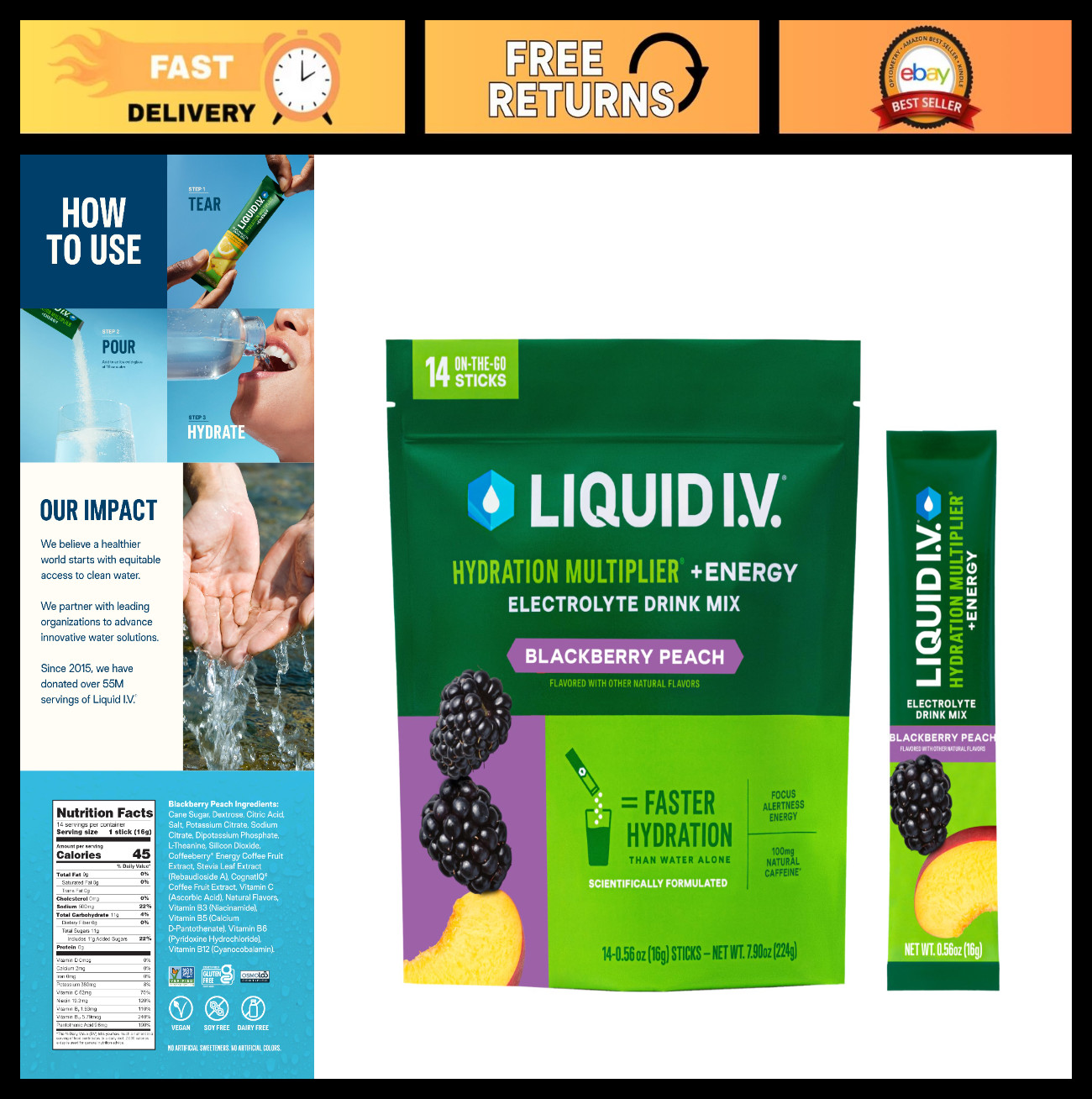 Hydration Multiplier + Energy Electrolyte Powder Drink – Blackberry Peach, 14 Se