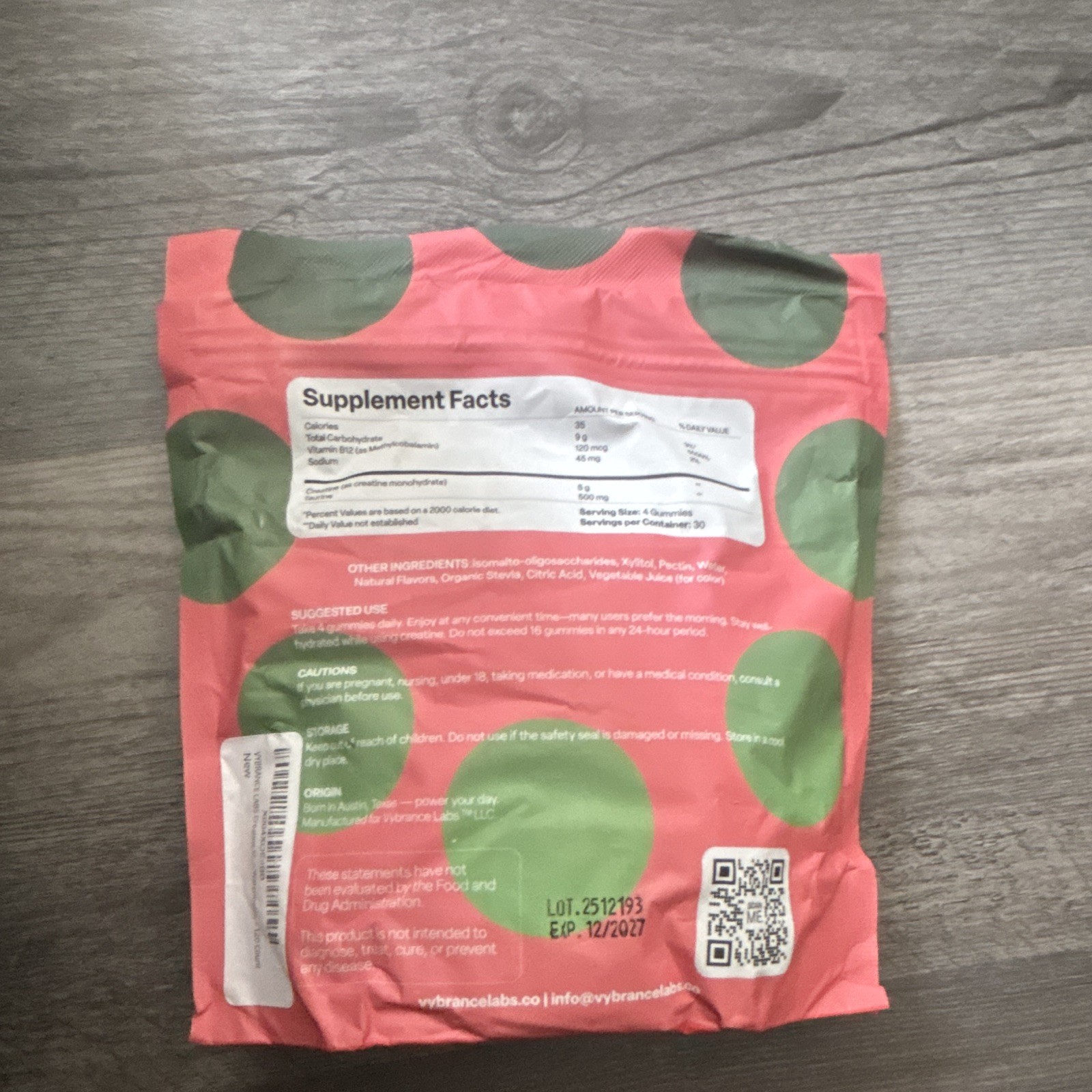 Vybrance Labs Creatine Monohydrate Gummies Watermelon 120ct 30 Serv Vegan