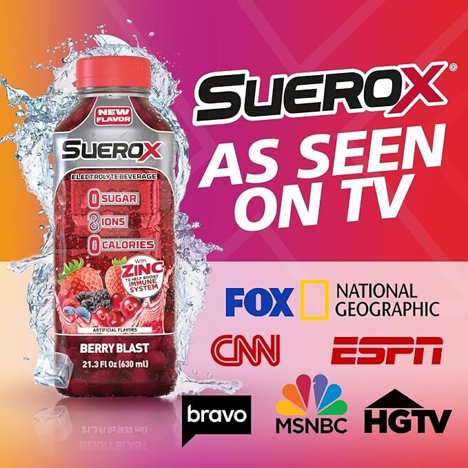 SueroX Electrolyte Drink Ultimate Pack 8 Ions for Hydration 21.3 Fl Oz 12 Count