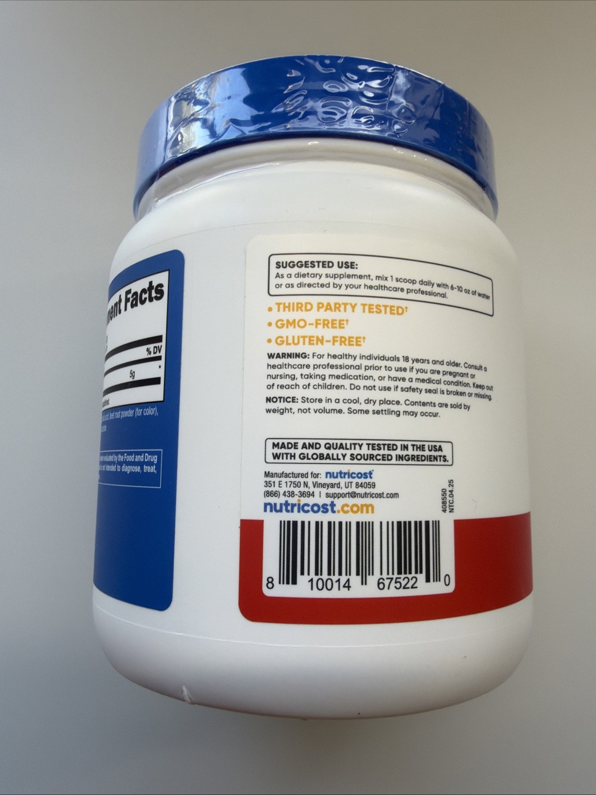 Nutricost L-Glutamine Amino Acid Powder Fruit Punch 500g 76 Servings 5g