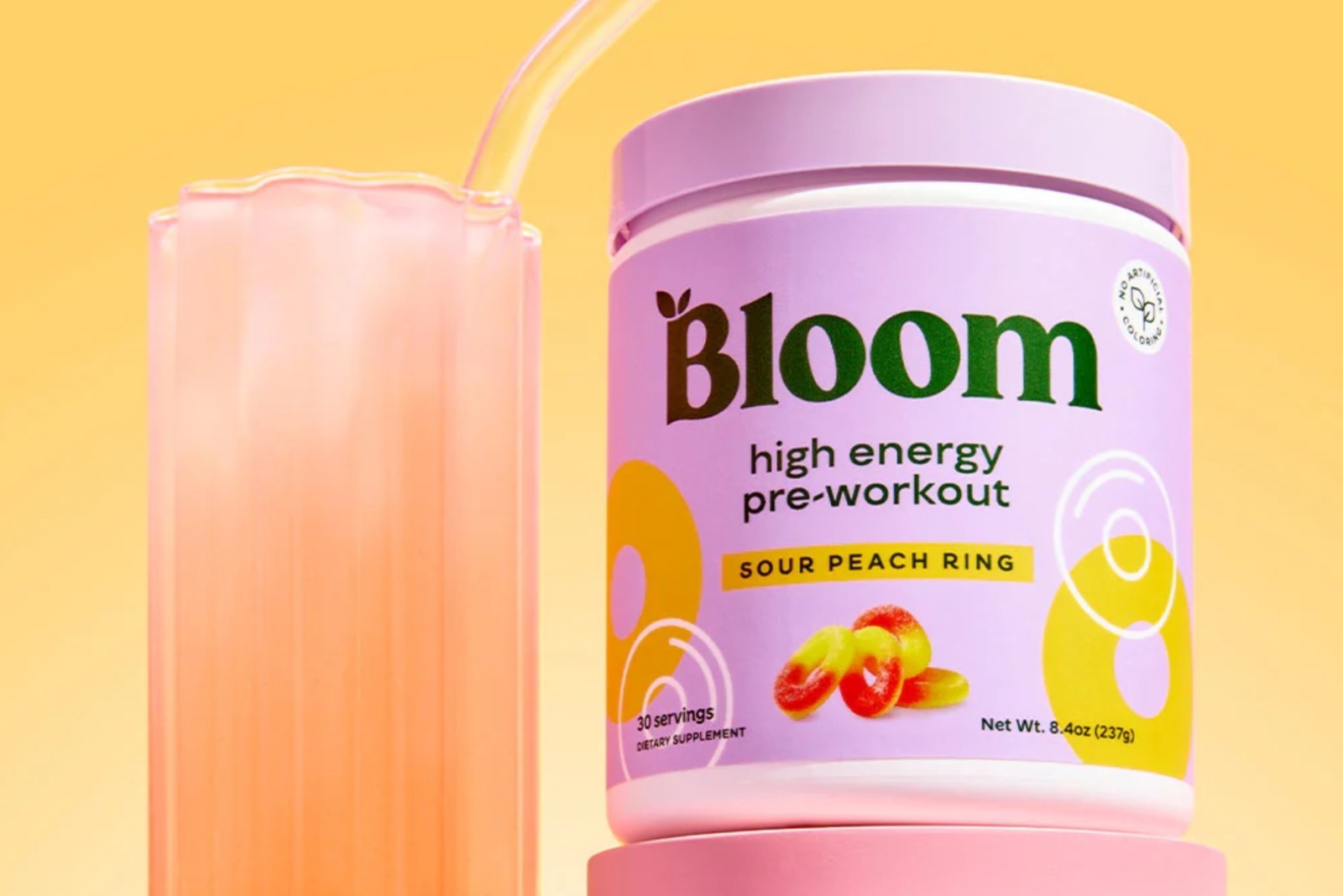 Bloom HIGH ENERGY PRE-WORKOUT 7 oz Size (30 Ser) Sour Peach Rings BEST BY 8/26