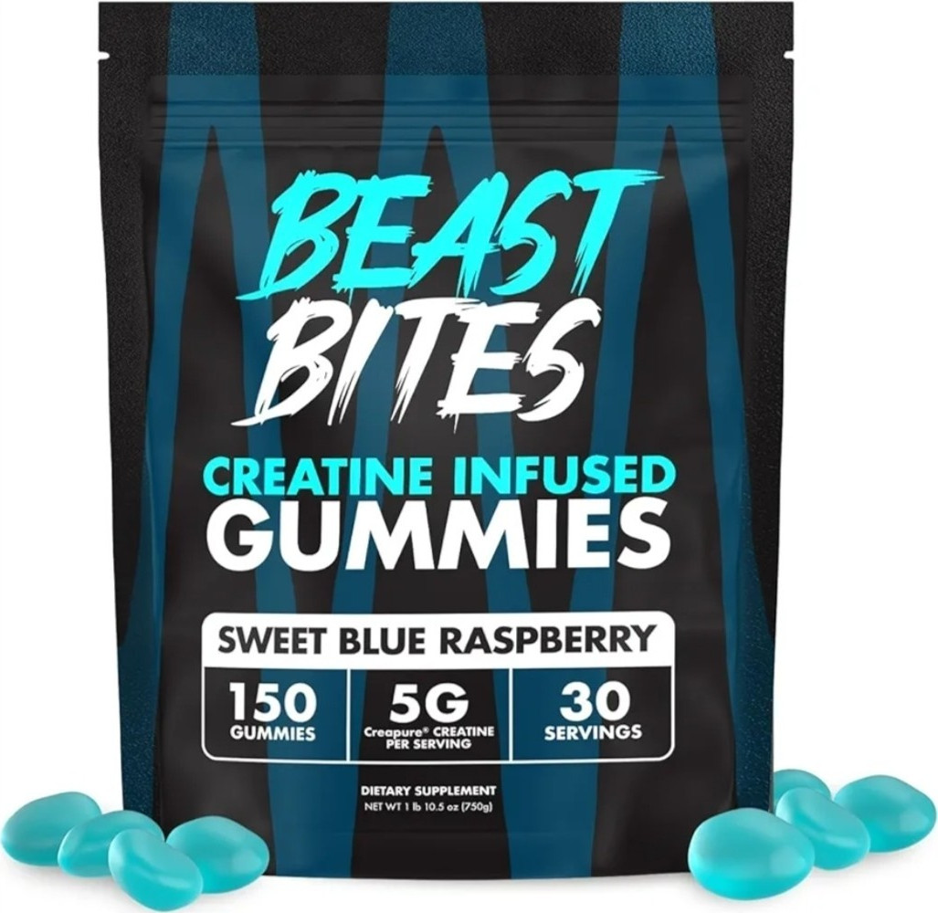 BEAST BITES Creatine Infused Gummies Sweet Blue Raspberry Vegan Gluten Free