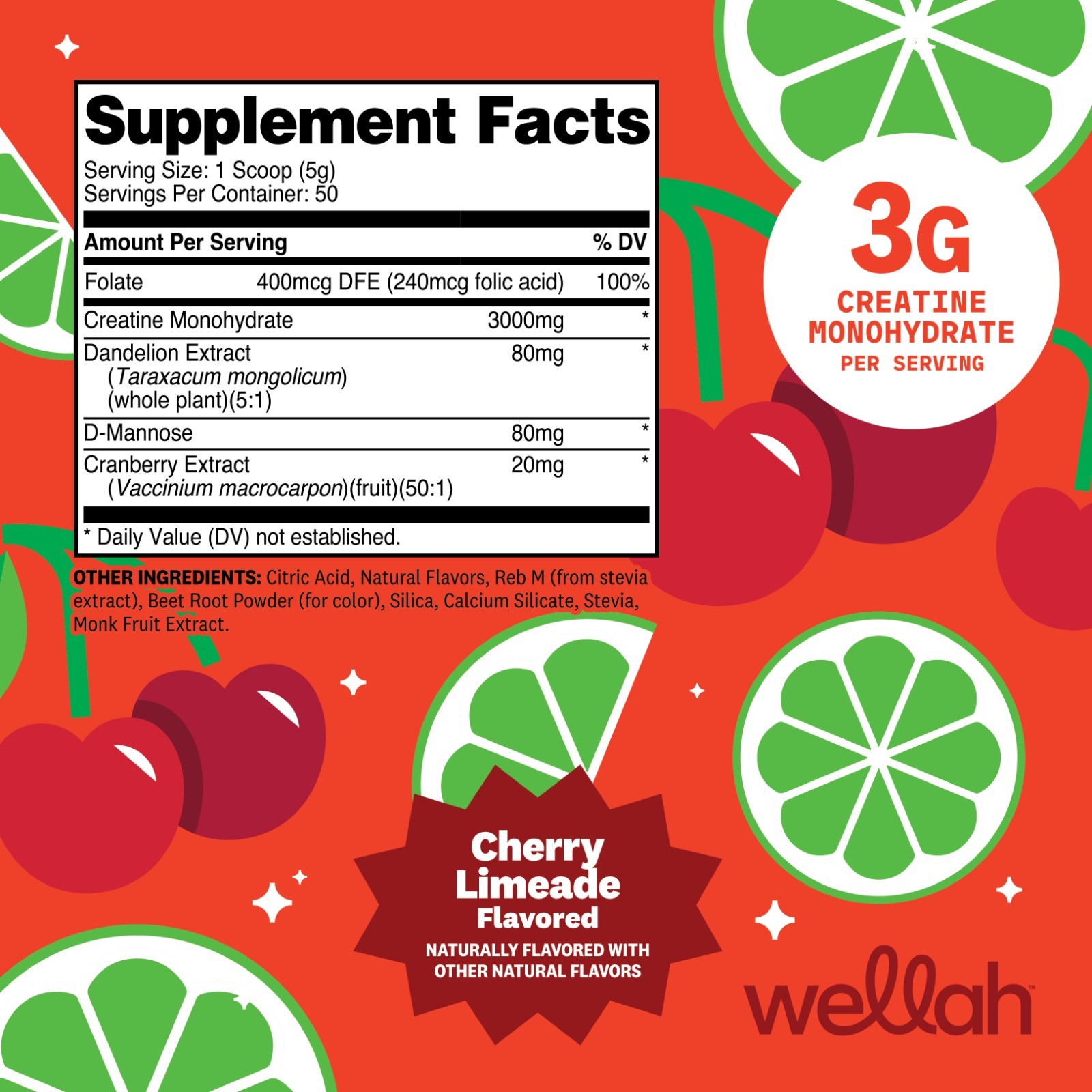 Wellah Creatine for Women (50 Servings) Cherry Limeade – 3g of Creatine