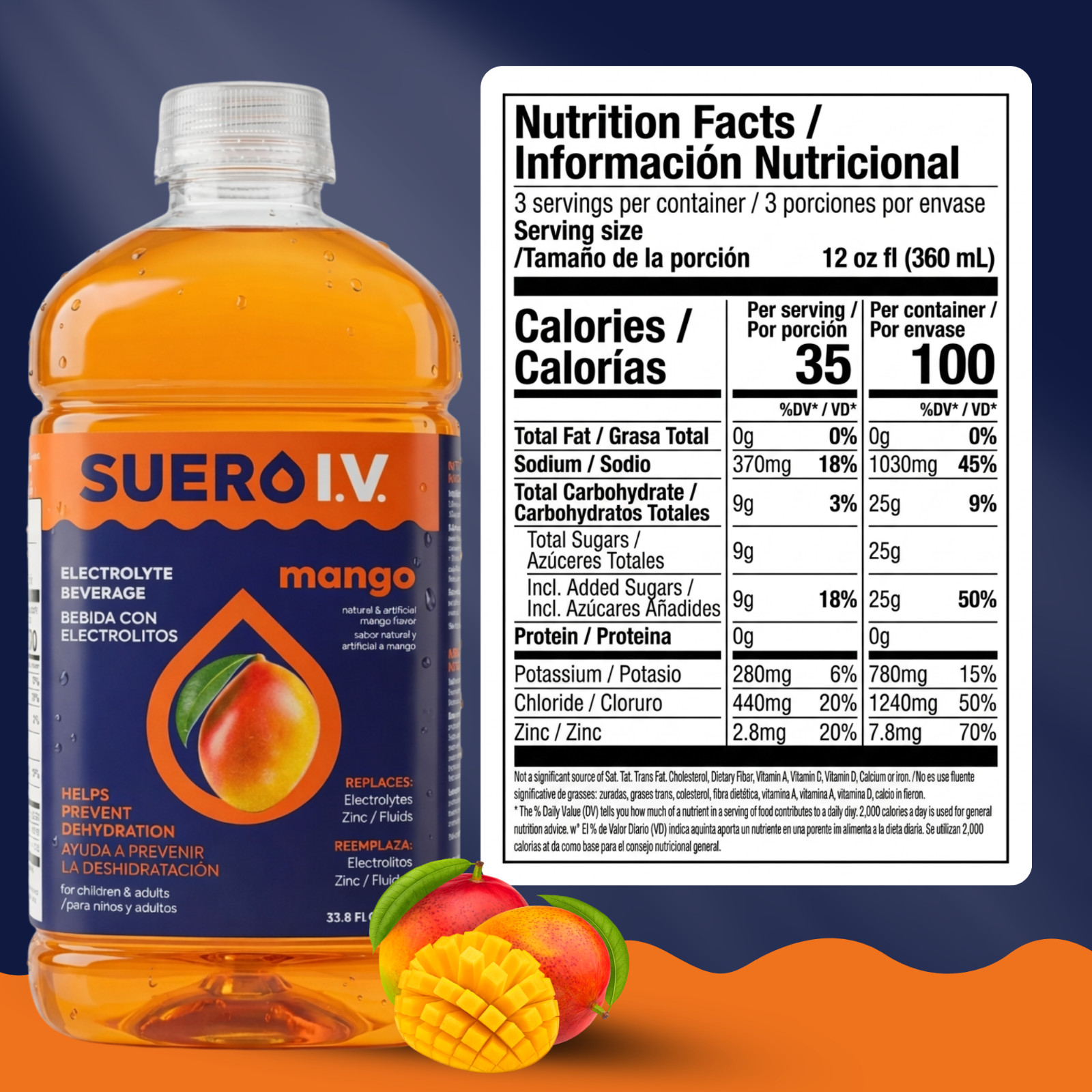 Suero I.V. Electrolyte Drink, Mango Flavor 33.8 fl oz – Hydrate (3-Pack)