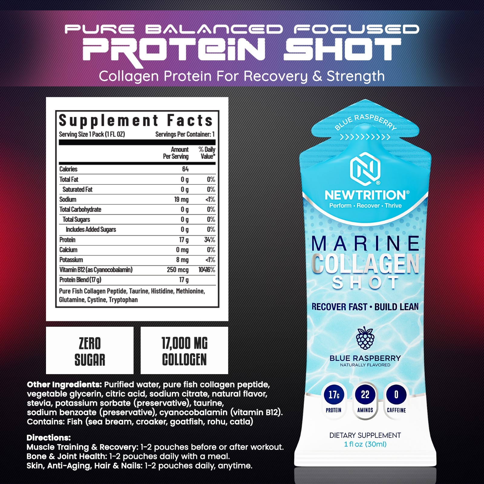 NewTrition 17,000mg Marine Collagen Protein Shots – 22 Amino Acids – B12 – 24 Ct