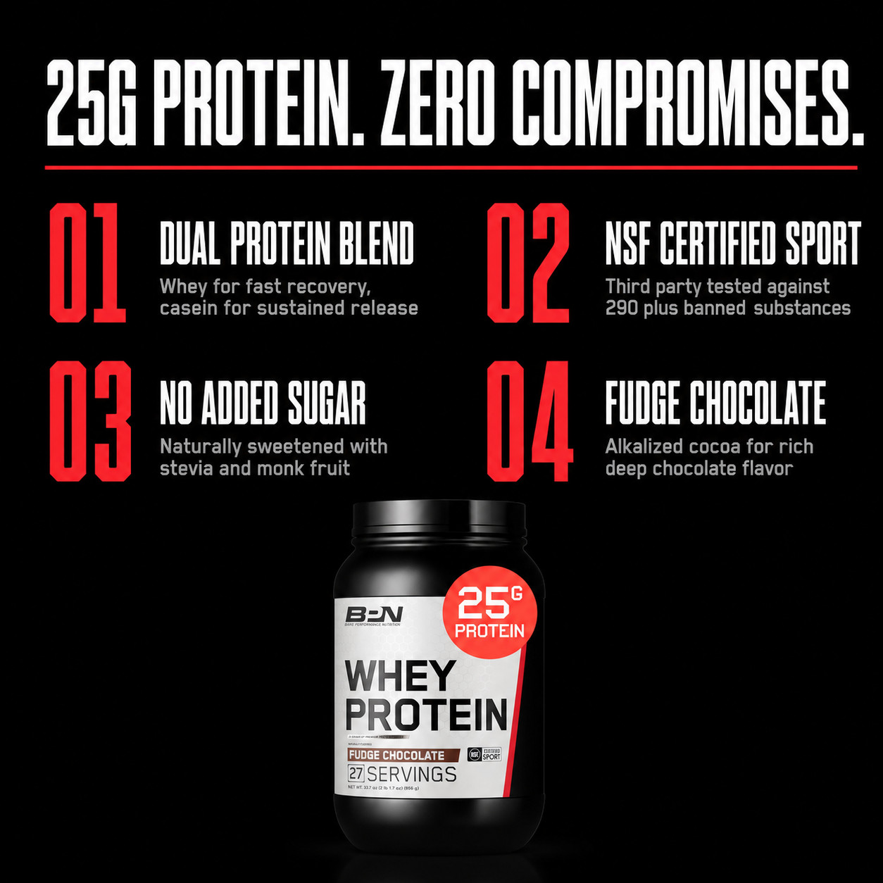 Whey Protein Casein Blend Fudge Chocolate 25g 27 Serv BPN NSF Certified New