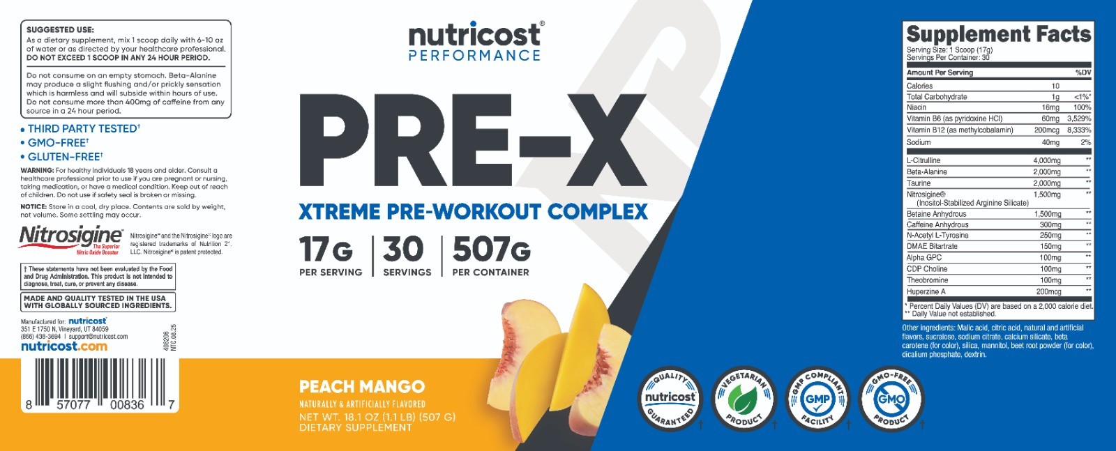 Nutricost Pre-X Workout Complex Powder (Peach Mango) 30 Servings – Great Taste
