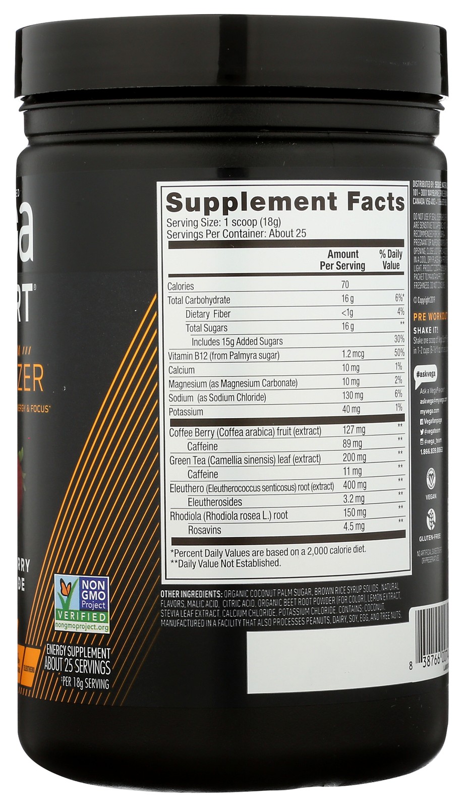 Vega Sport Energizer Energy Supplement Strawberry Lemonade 16.1 Oz Tea 1 Pack