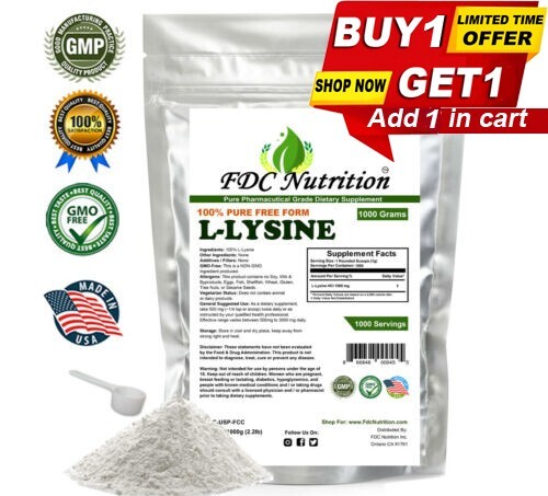 1000g (2.2 lb) 100% L-LYSINE HCL POWDER US PHARMACEUTICAL GRADE KOSHER nonGMO