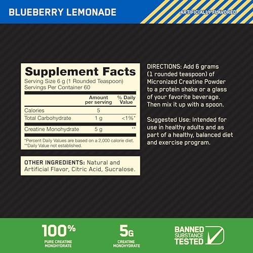 Micronized Creatine Monohydrate Powder – Blueberry Lemonade Flavor, 60 Servings,