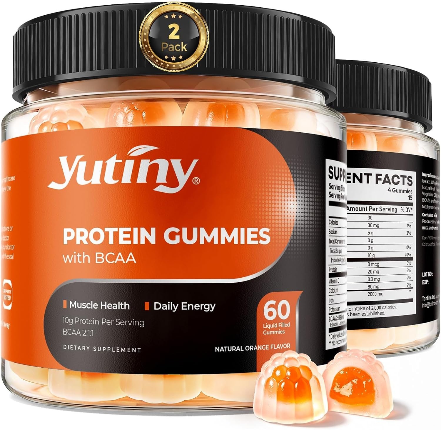 Yutiny Whey Protein Gummies 10g Protein BCAA 2:1:1 – Sugar Free Orange 120 Count