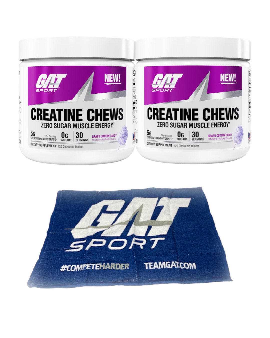 GAT Creatine Chews 5g 30 Servings 2 Pack with Towel – Grape Cotton Candy