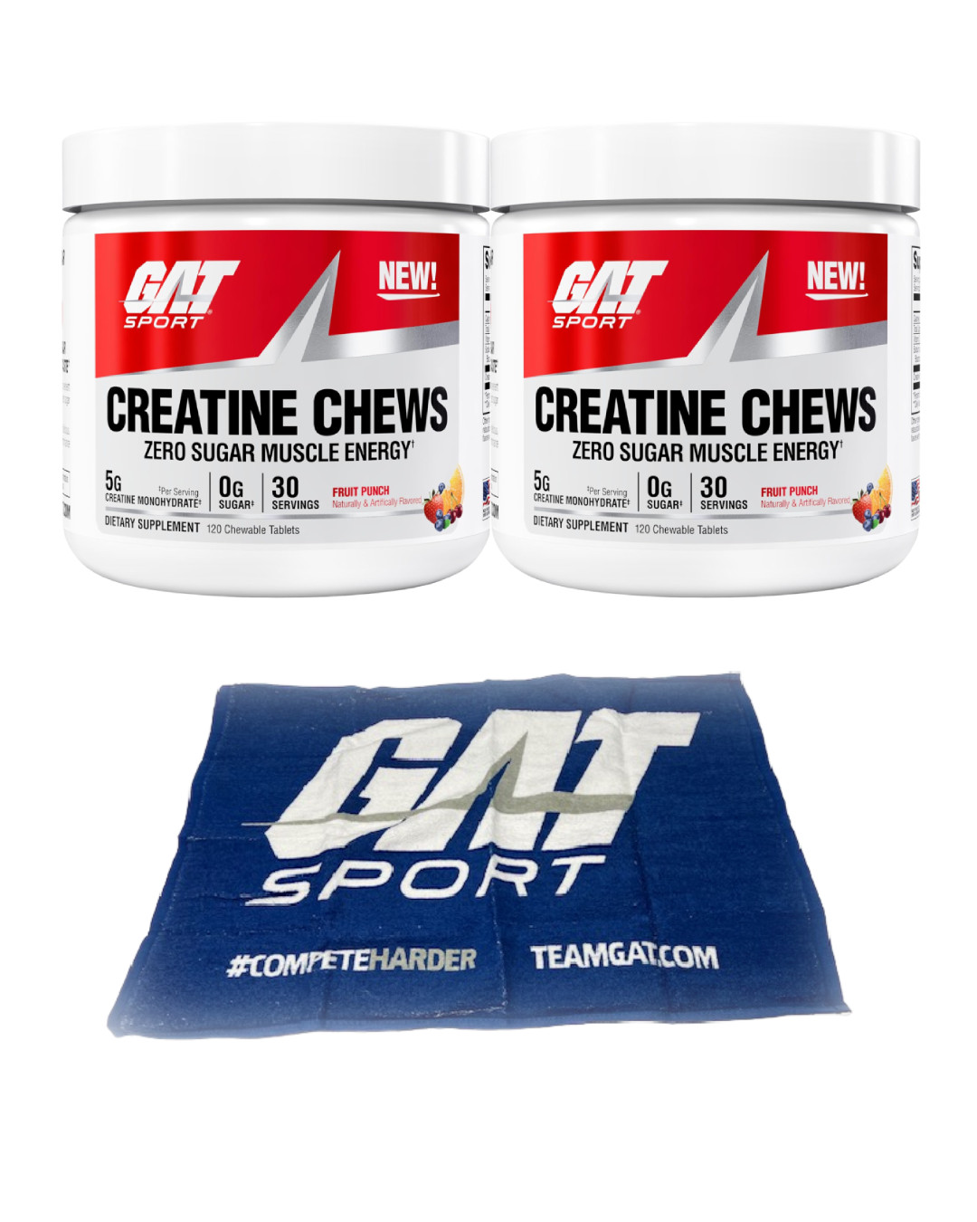 GAT Creatine Chews 5g 30 Servings 2 Pack with Towel – Fruit Punch