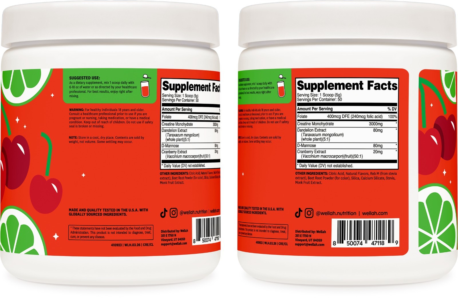 Wellah Creatine for Women (50 Servings) Cherry Limeade – 3g of Creatine