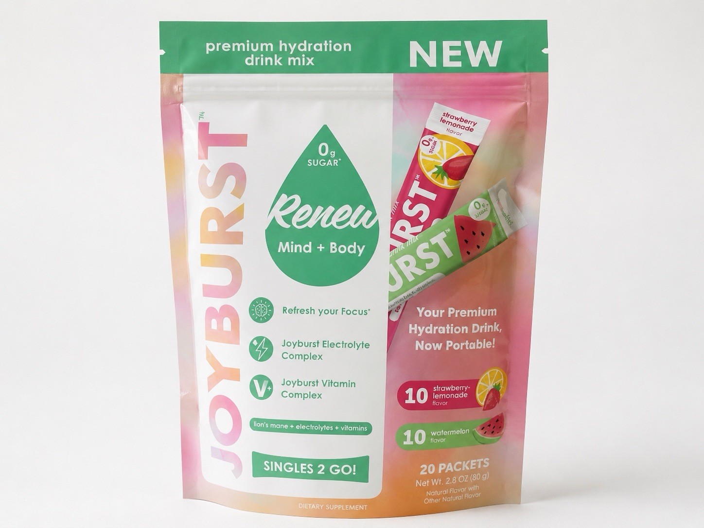 Joyburst Electrolyte Hydration Drink Mix Singles 20 Sugar-Free Strawberry/Wtrmln