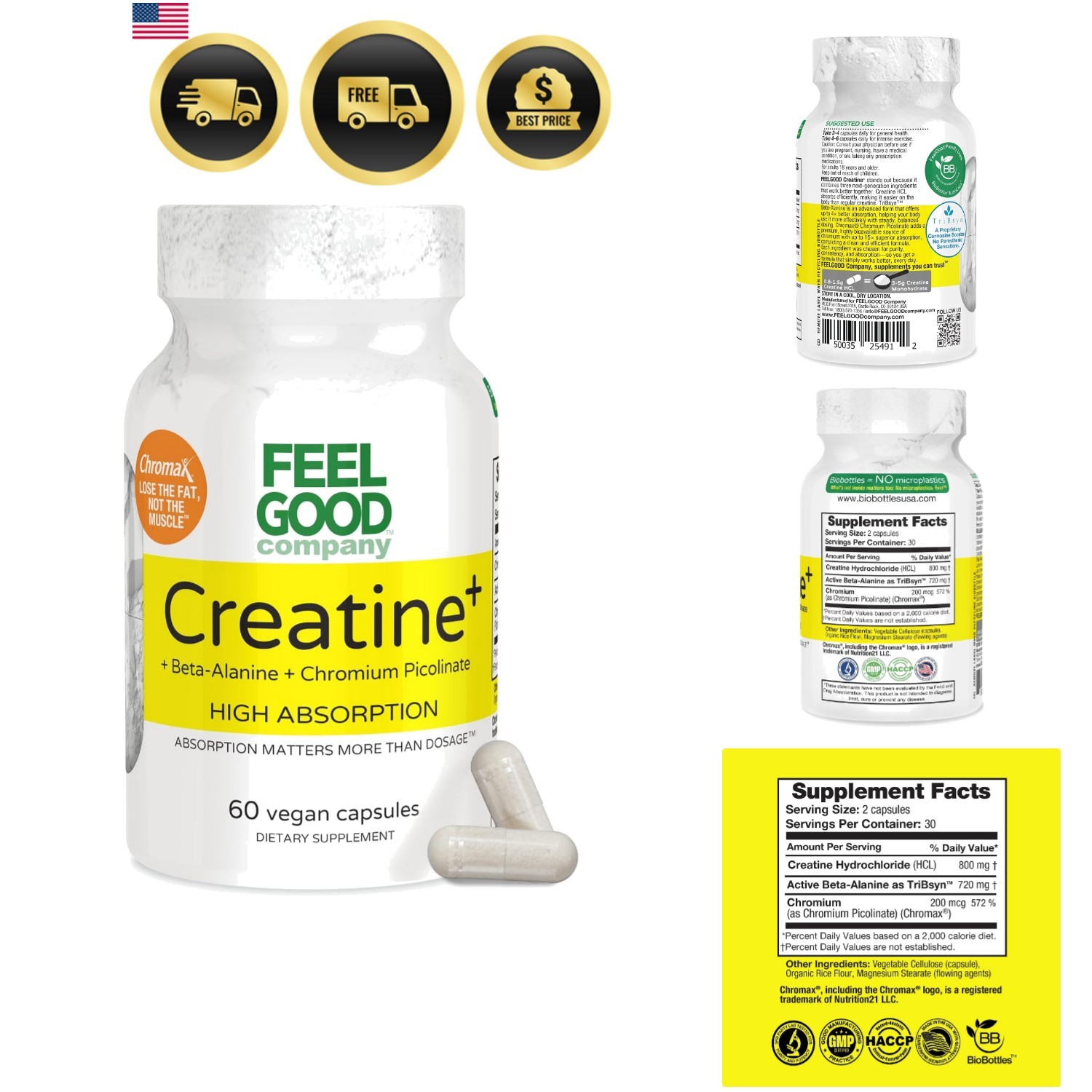 Creatine +, High Absorption Capsules, 60 Count, Non-GMO, Gluten Free, Soy Free