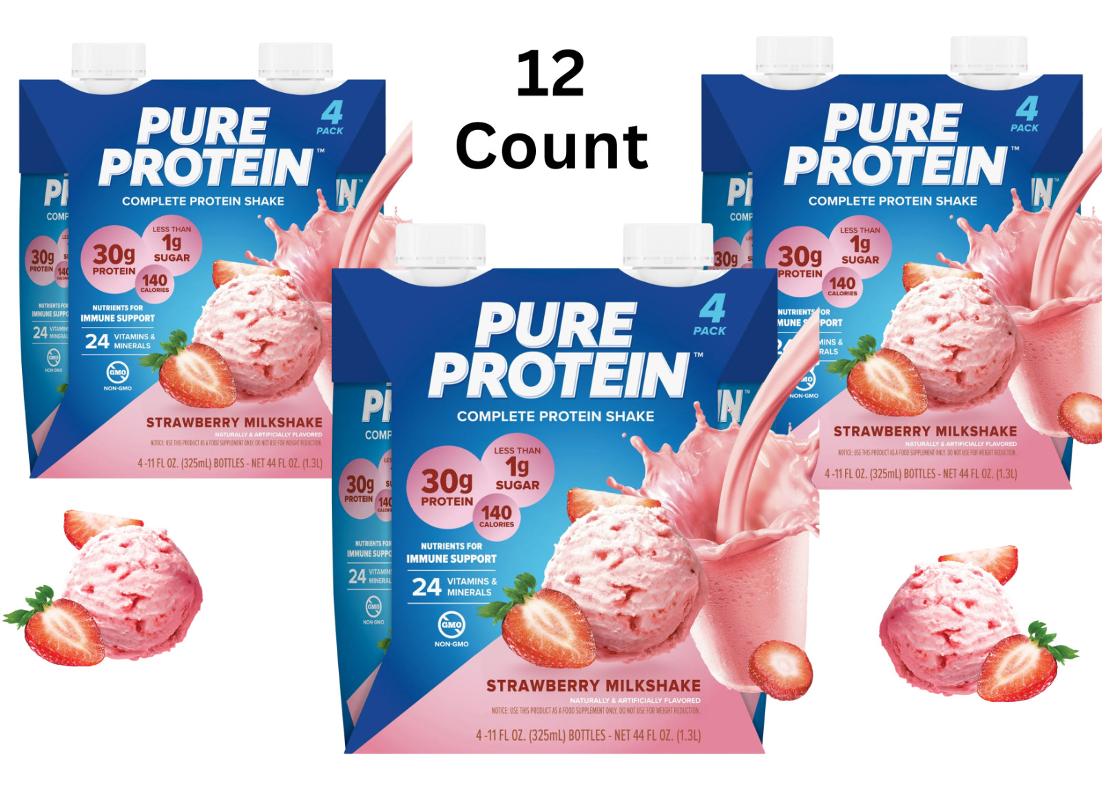 Pure Protein Strawberry Milkshake Complete Protein Shake, 11 fl oz, 12 Count