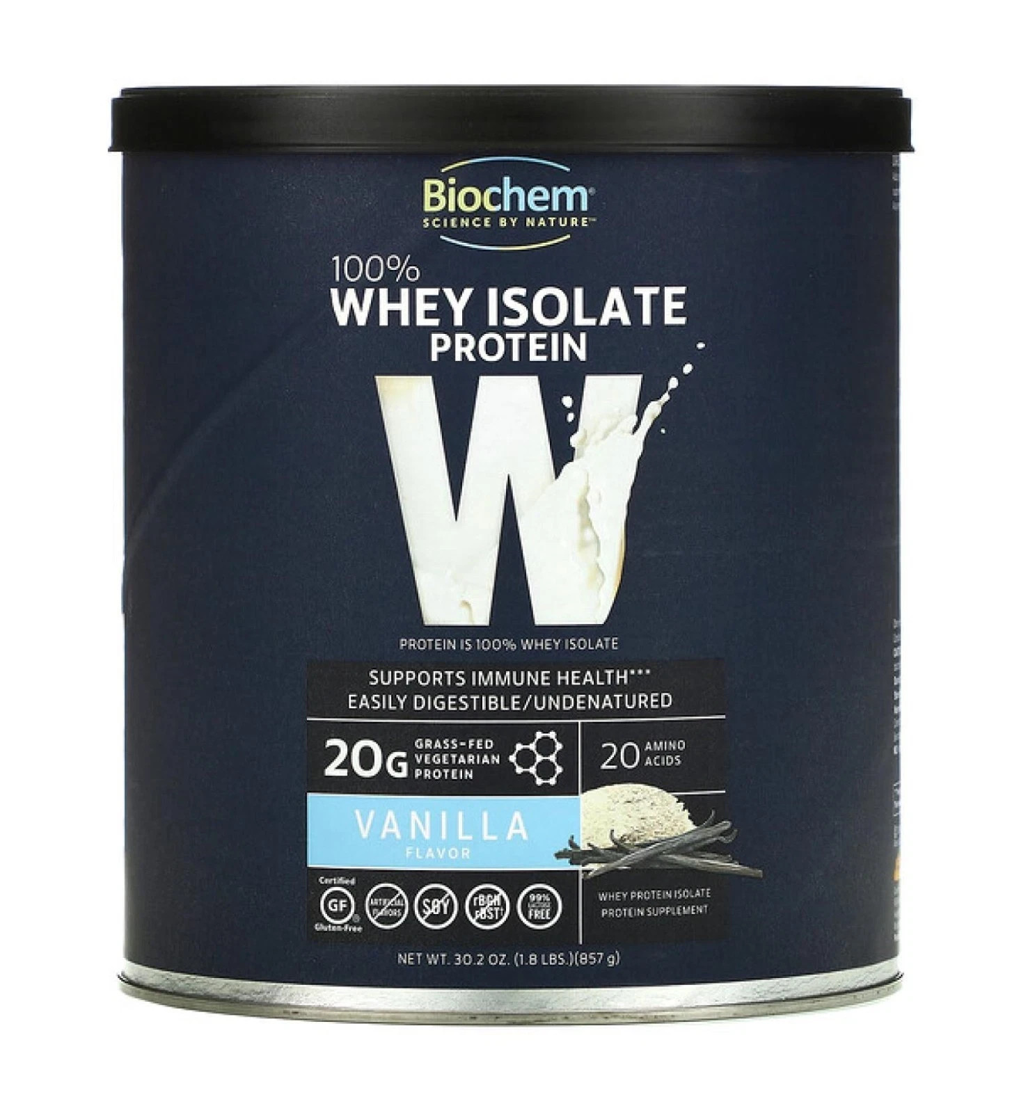 Biochem 100% Whey Protein Isolate – Grass Fed Vanilla 1.8 lbs (857 grams)