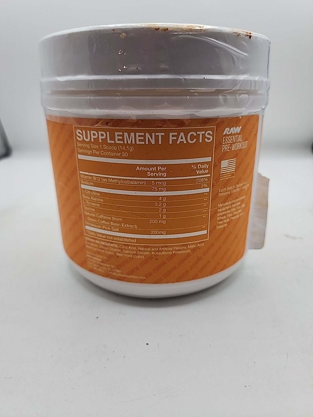 RAW Essential Pre-Workout Powder Peach Mango (14.9 oz./30 Servings) 7/26