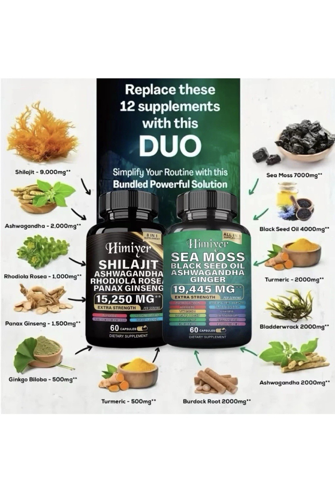 Himiyer Sea Moss Black Seed Oil Shilajit Duo Dietary Supplement 60 Each