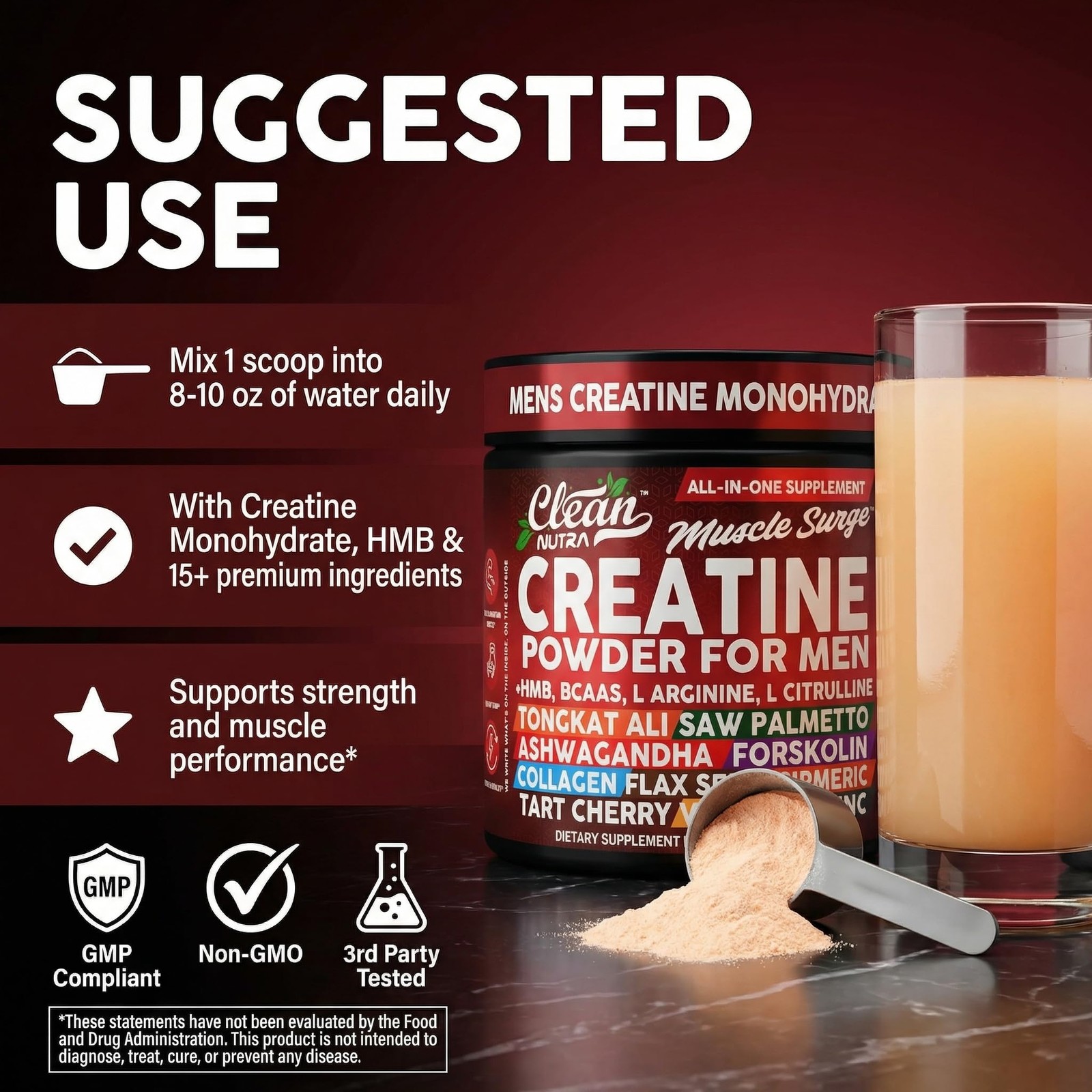 Clean Nutra Creatine Powder for Men + HMB BCAA L 9.87 Ounce (Pack of 1), Red