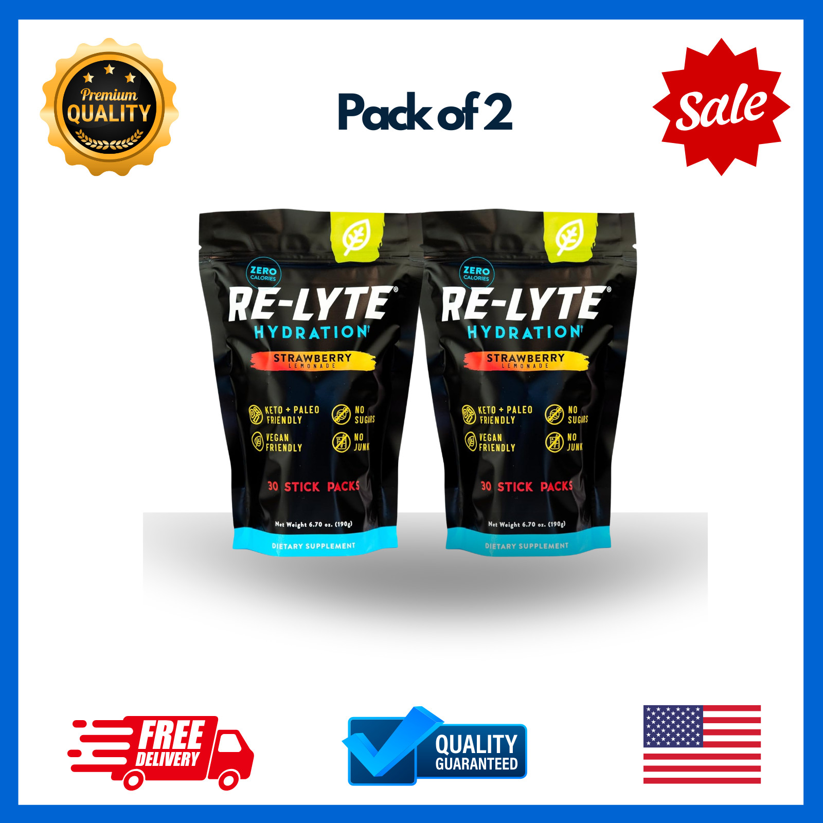 Redmond Re-Lyte Electrolyte Drink Mix Strawberry Lemonade 2PK 30 Stick Packs