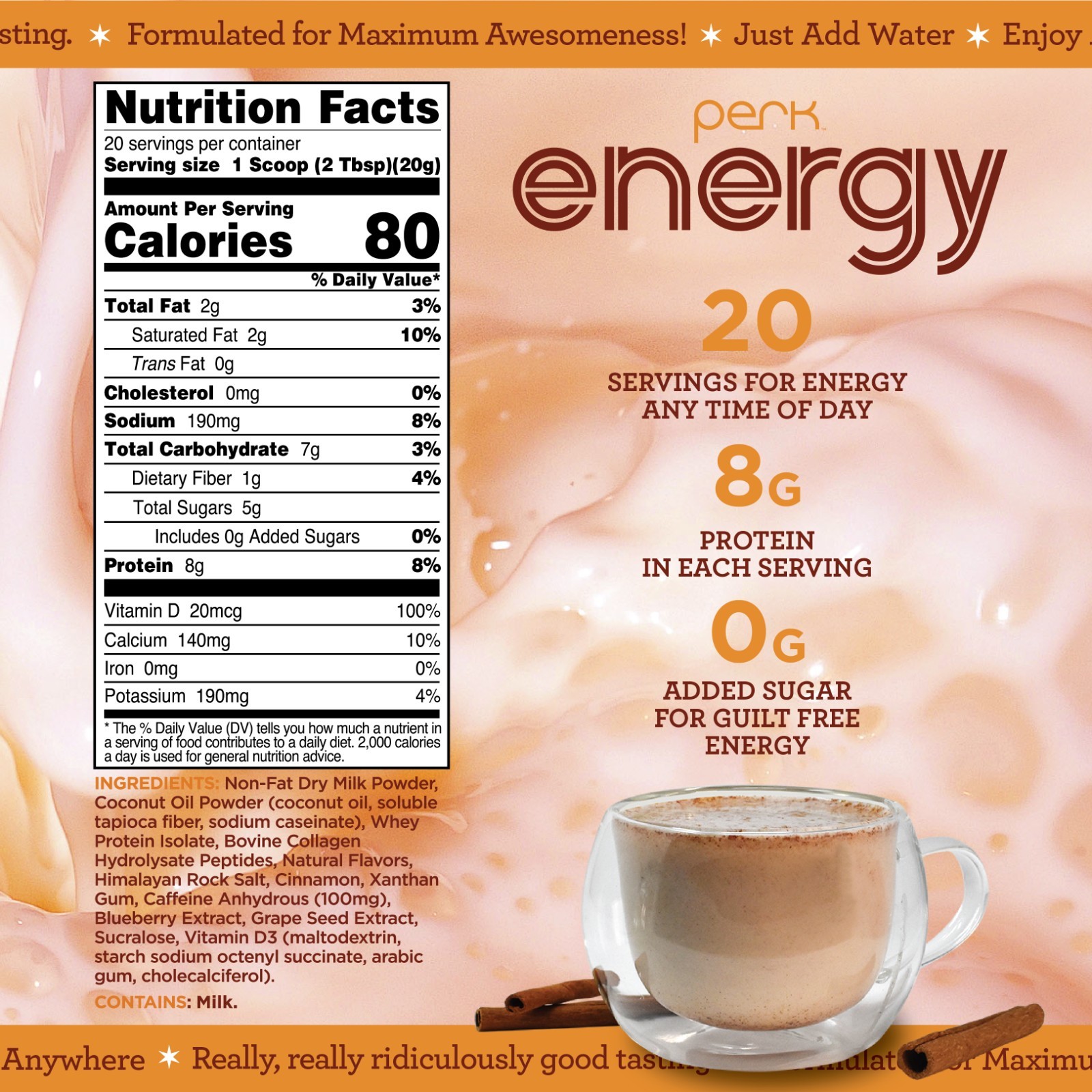 Perk Energy Original Horchata Energy Drink Powder (20 Servings)