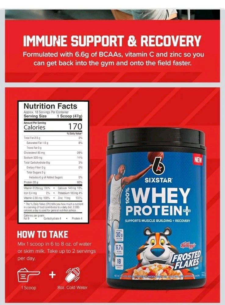 Six Star 100% Whey Protein Plus Kelloggs Frosted Flakes 1.81 lbs EXP 12-9-28
