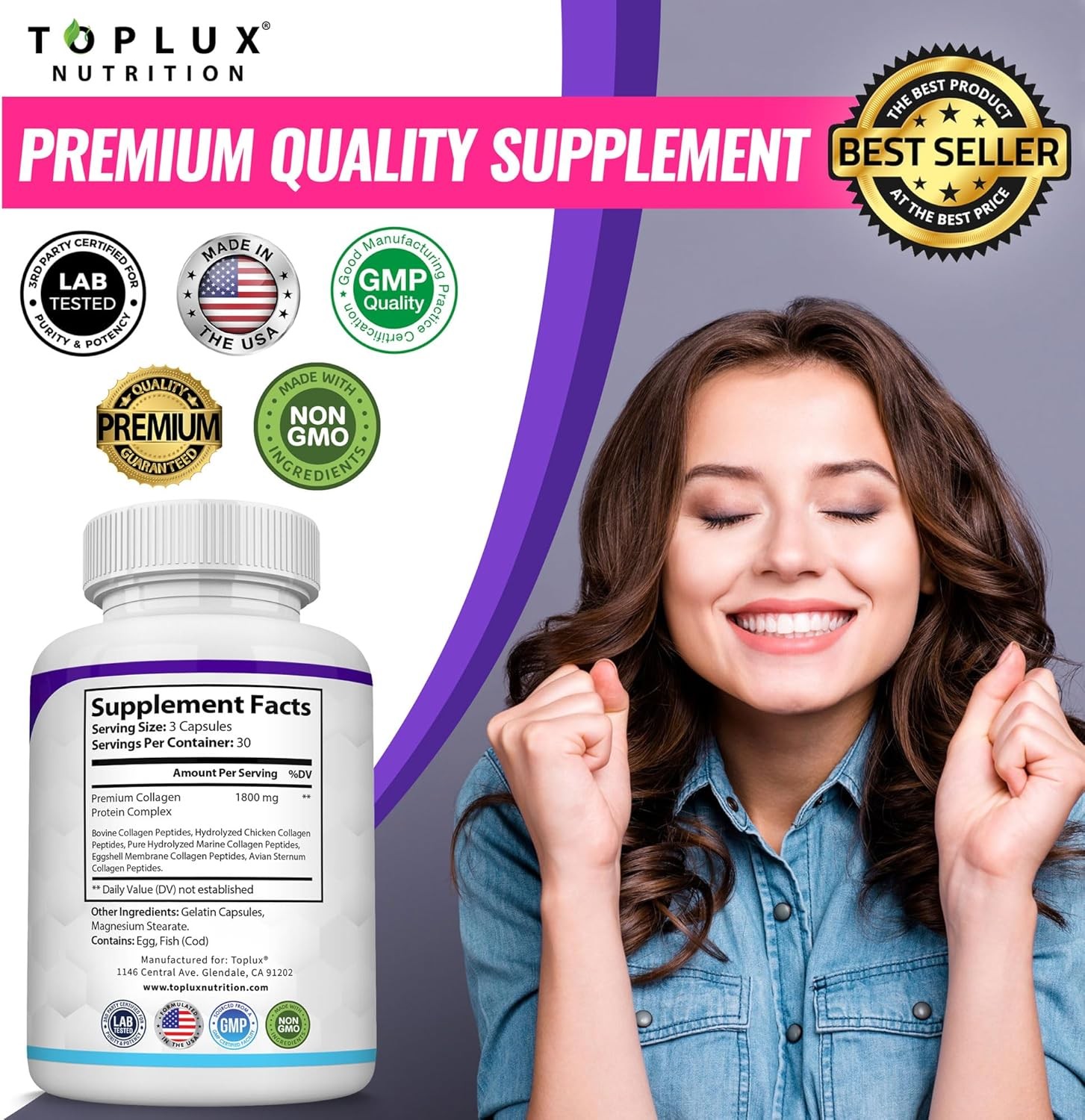 Toplux Multi Collagen Peptides Pills 1800 Mg Complex Collagen Superior Complex