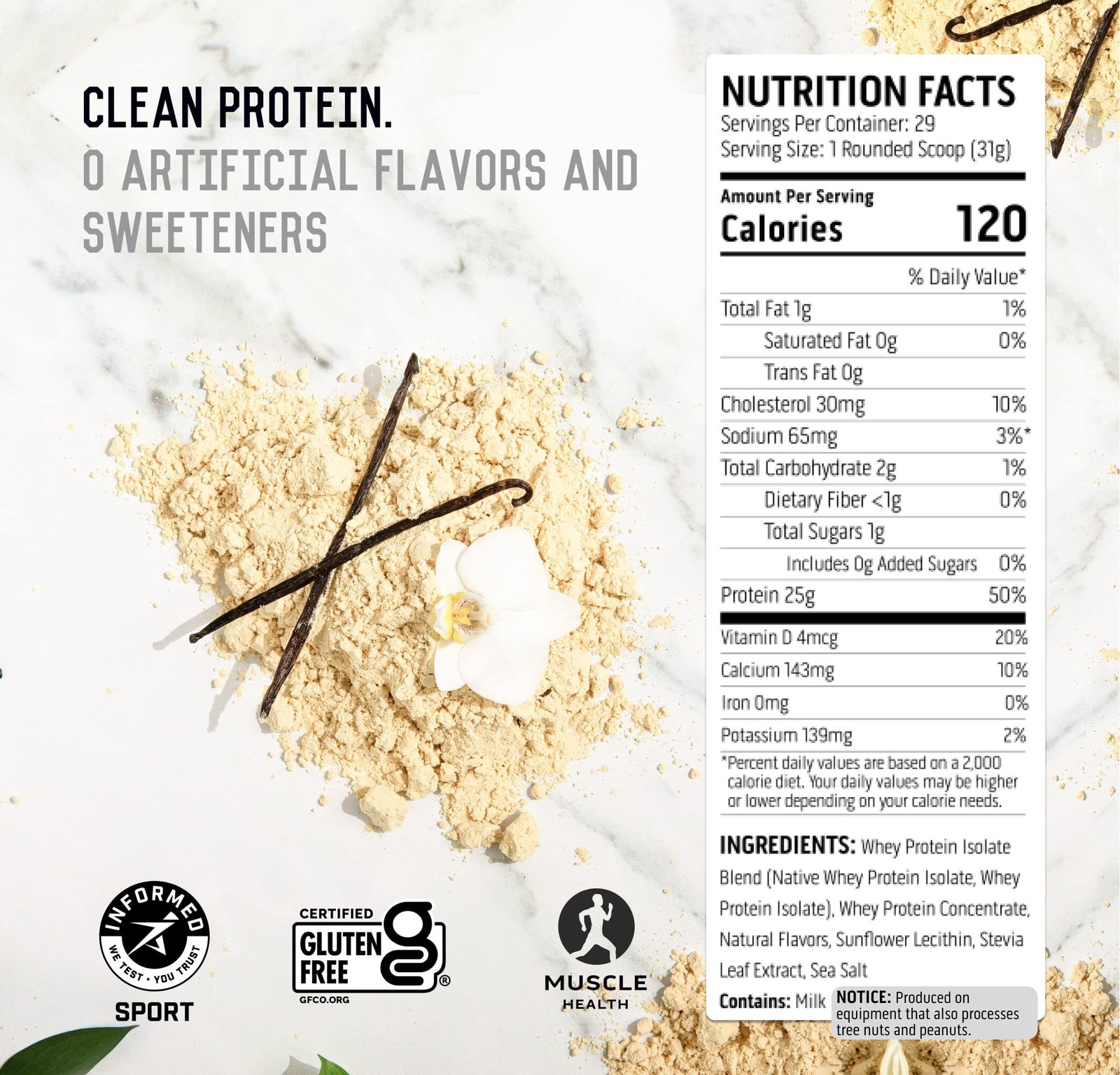 11/26 Ascent 100% Whey Protein Powder Post Workout Vanilla Bean 2 lb