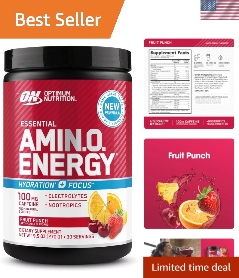 Enhanced Amino Energy & Focus Powder – Sugar-Free BCAA & Caffeine, 30 Servings