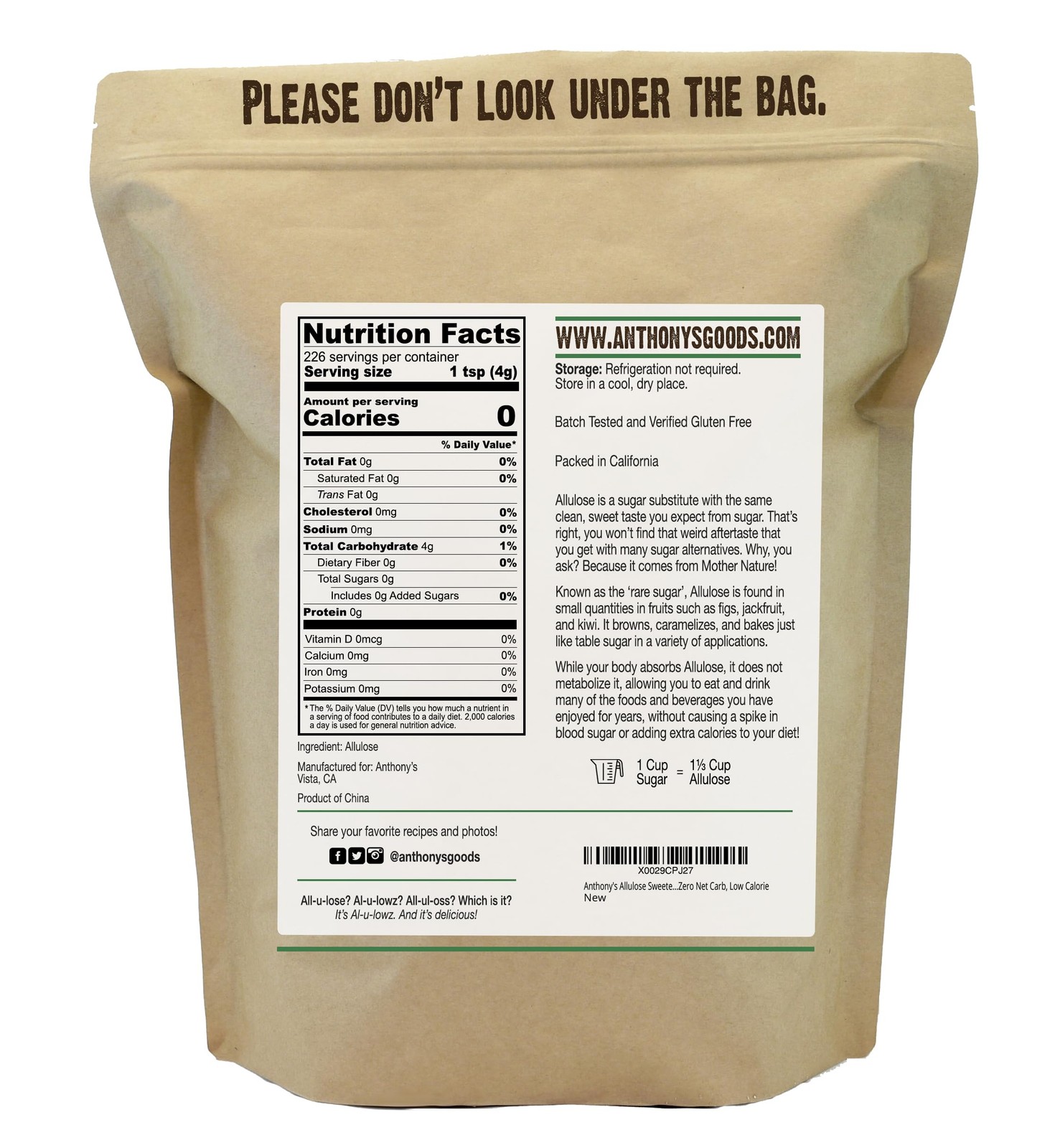 Anthony’s Allulose Sweetener, 2 lb, Batch Tested Gluten 32 Ounce (Pack of 1)
