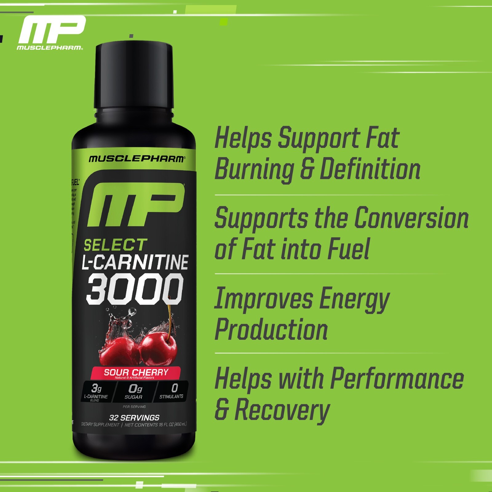 MusclePharm High Performance Liquid L-Carnitine 3000 Sour Cherry 32 Servings