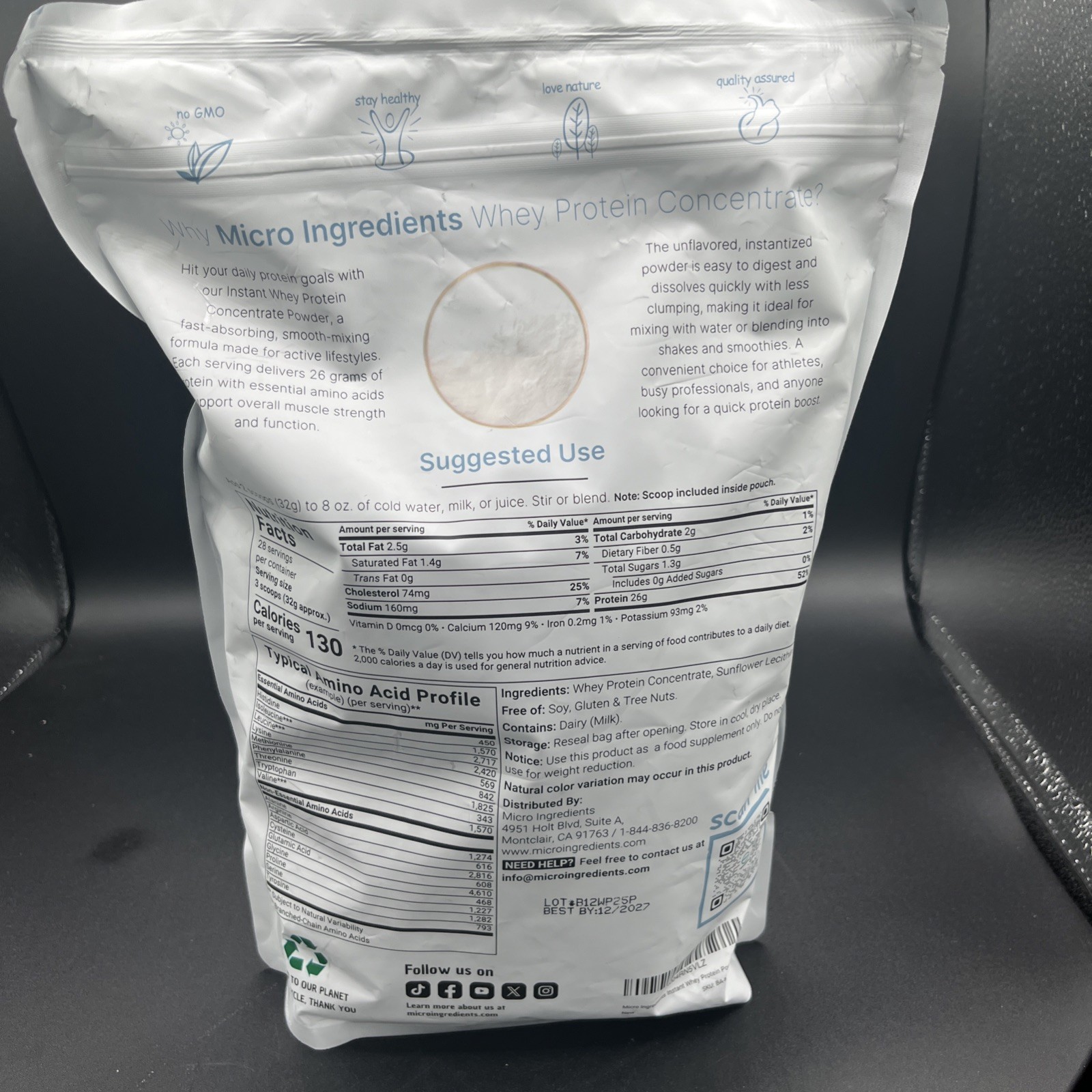 Micro Ingredients Instant Whey Protein Concentrate Unflavored 2lbs Exp. 12/27