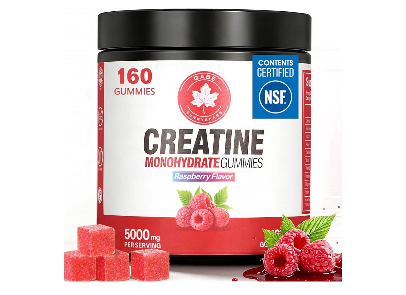 Gabe Sunnybears Creatine Monohydrate Gummies Raspberry 160, 5000mg NSF GMP