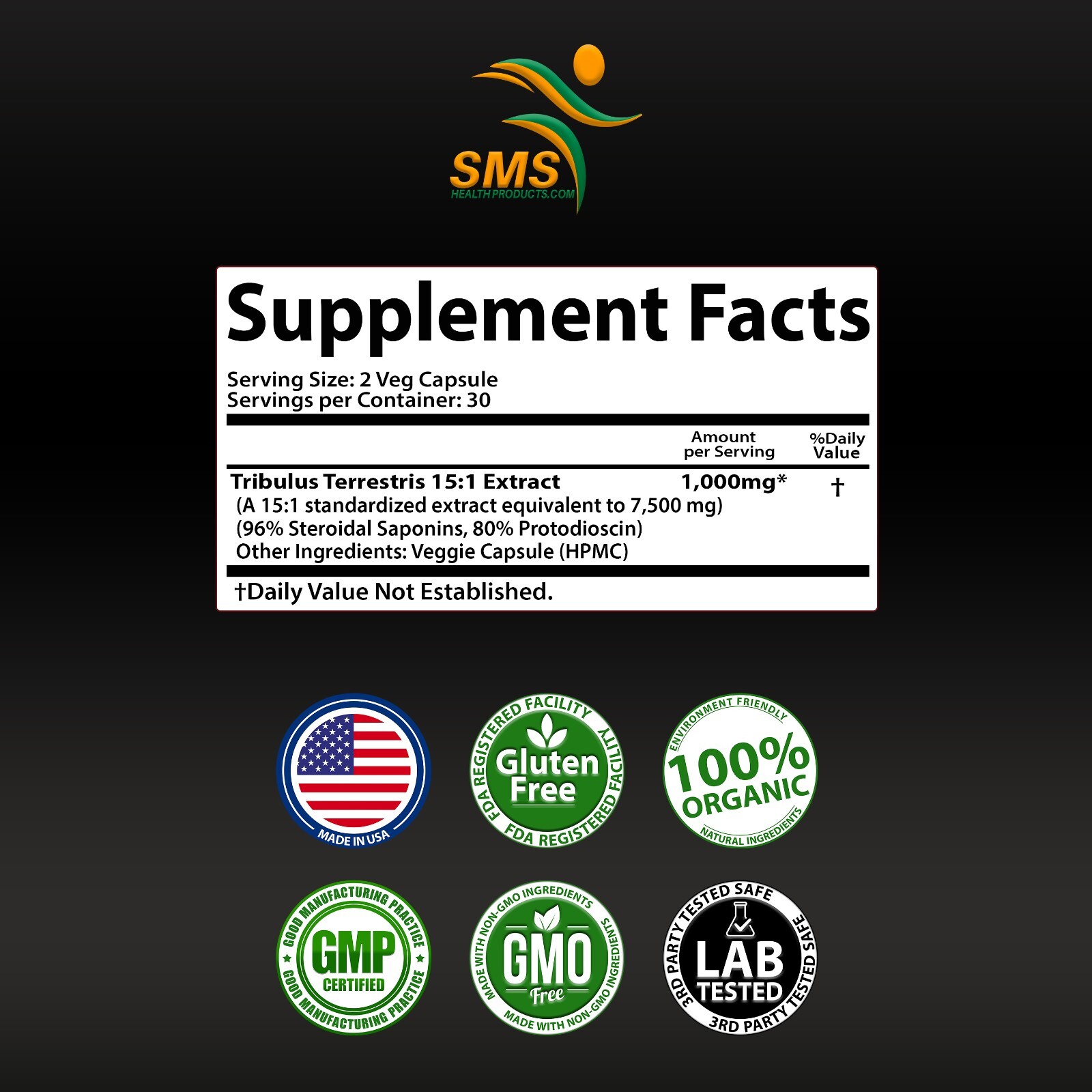 Tribulus Terrestris 3000mg Daily Extract 60 Capsules Vegan Friendly Sport Gym