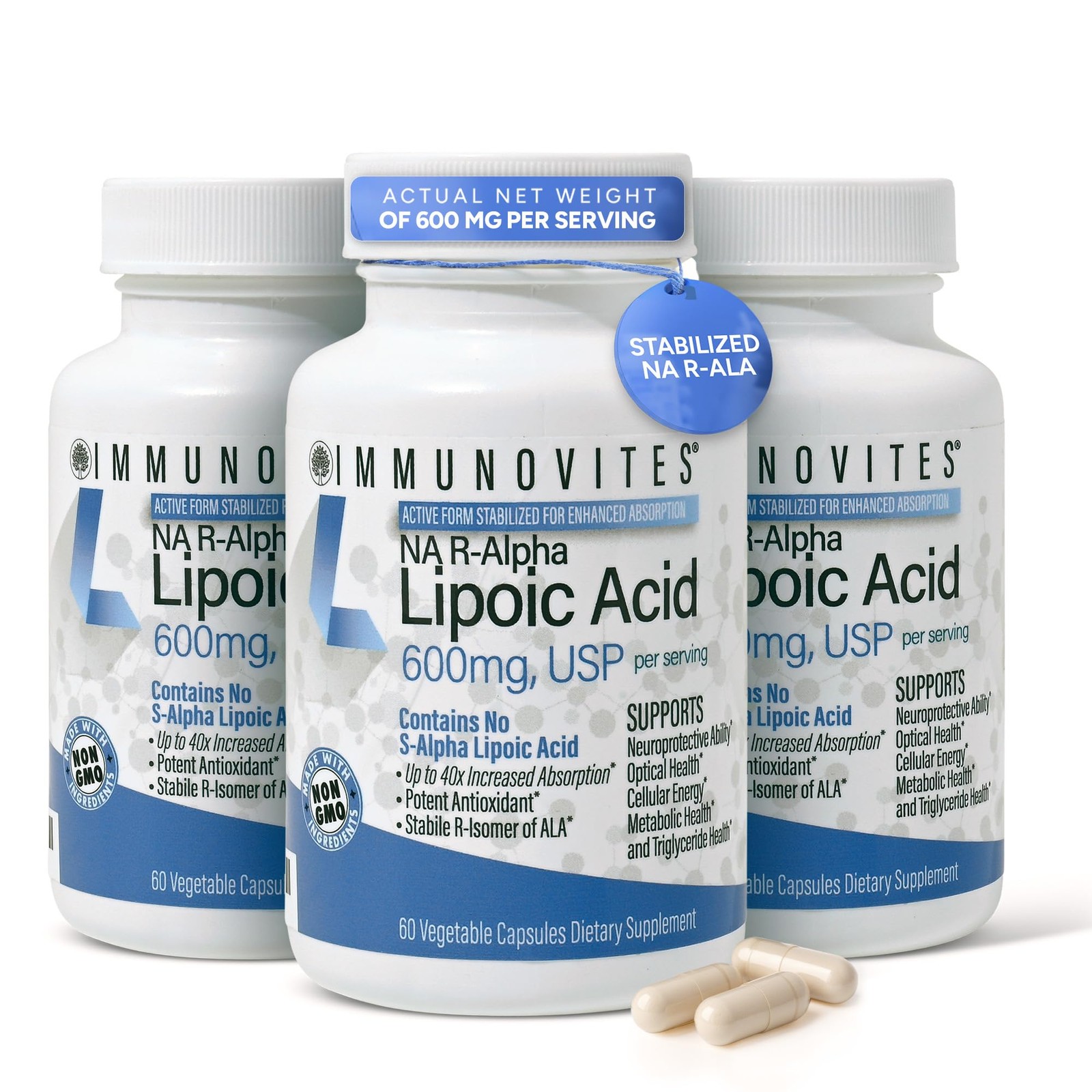 IMMUNOVITES 3-Pack Stabilized R-Alpha Lipoic Acid 3 Count (Pack of 1), Red