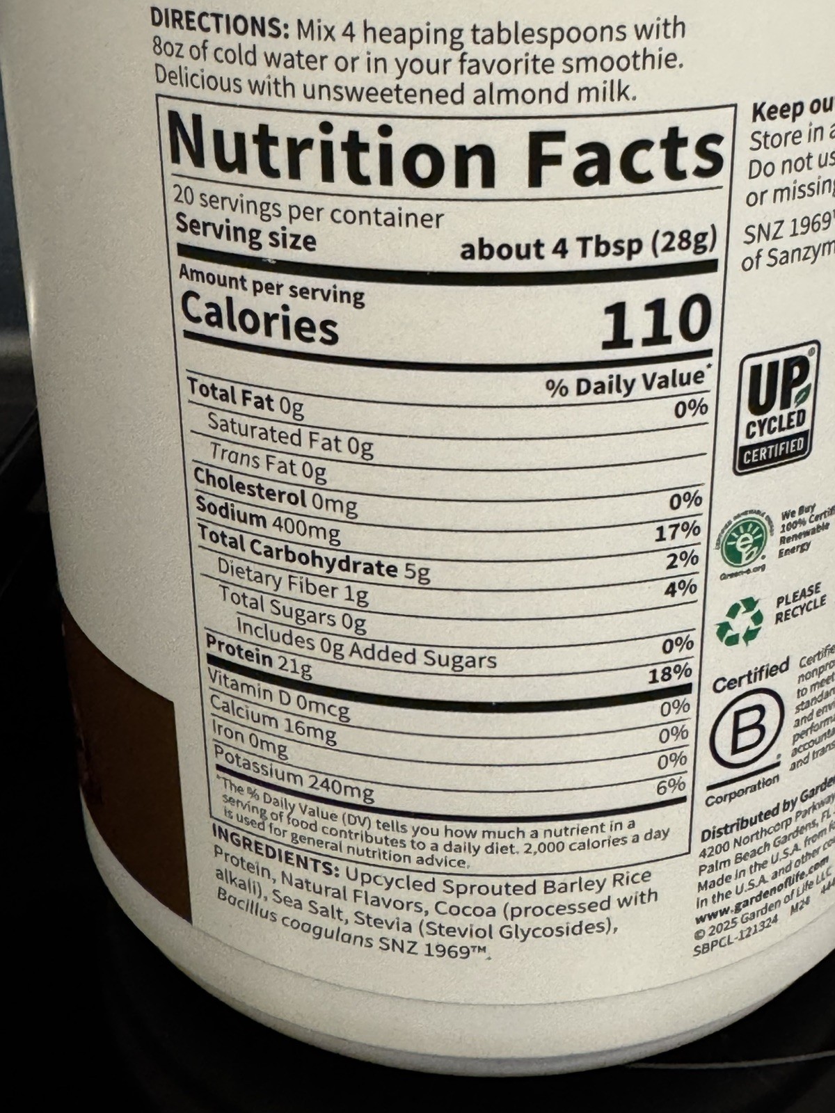 Garden of Life Plant-Based Sprouted Barley Protein Powder CHOCOLATE 20 Servings