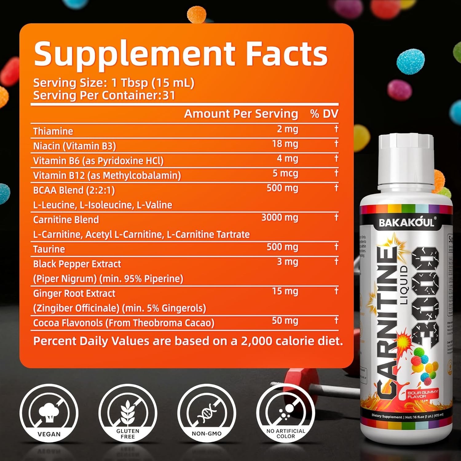 L Carnitine Supplement Liquid 3000 mg, with BCAA – Sour Gummy Flavor – 16 fl oz.