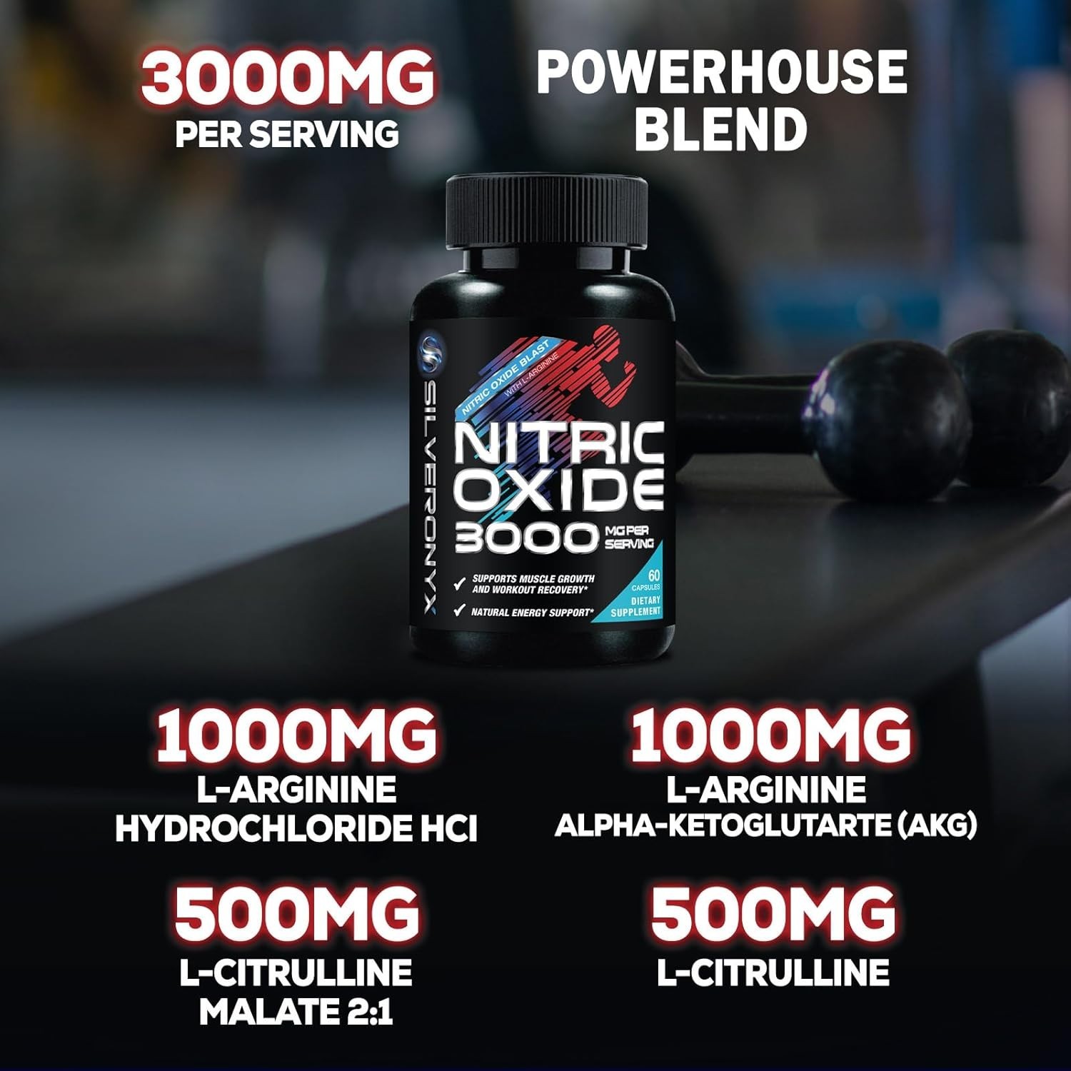 Extra Strength Nitric Oxide Supplement 3X Strength L Arginine, Citrulline Malate