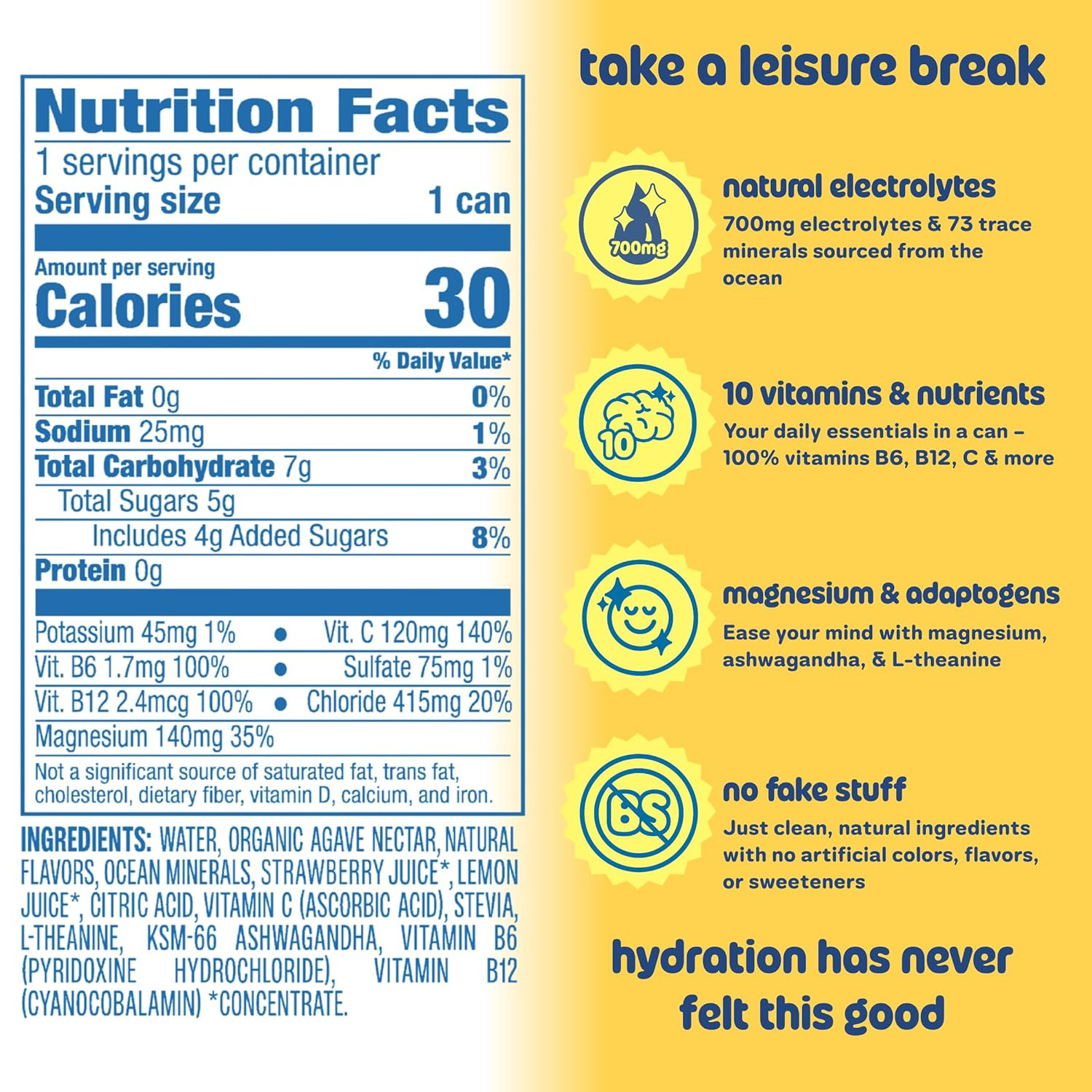 Leisure Hydration Electrolyte Drink, Lemonade Magnesium Ashwagandha, 16oz 12 Pk