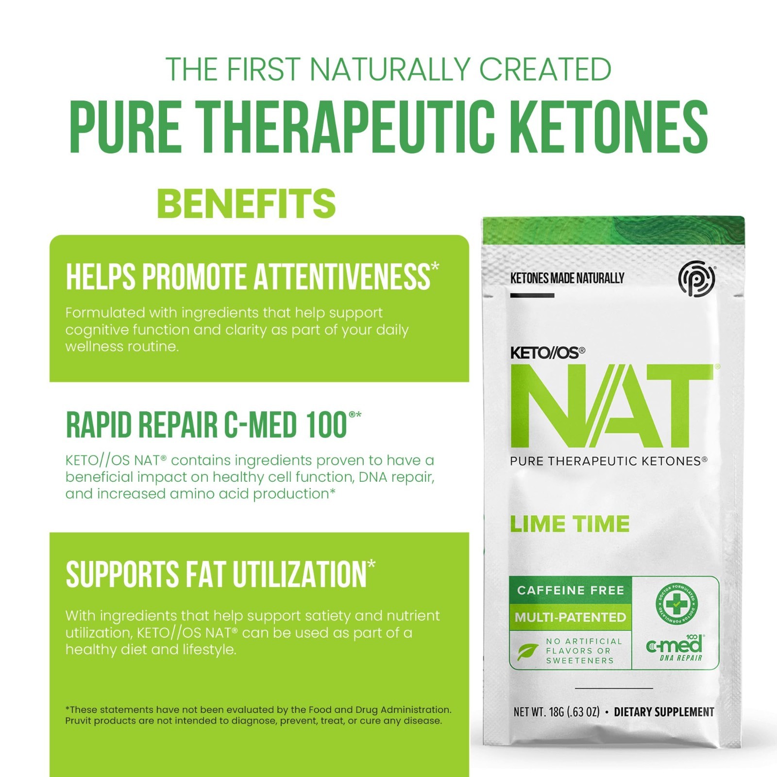 PRUVIT Keto OS NAT LIME TIME Caffeine Free 20 Pack Sealed New Free Shipping